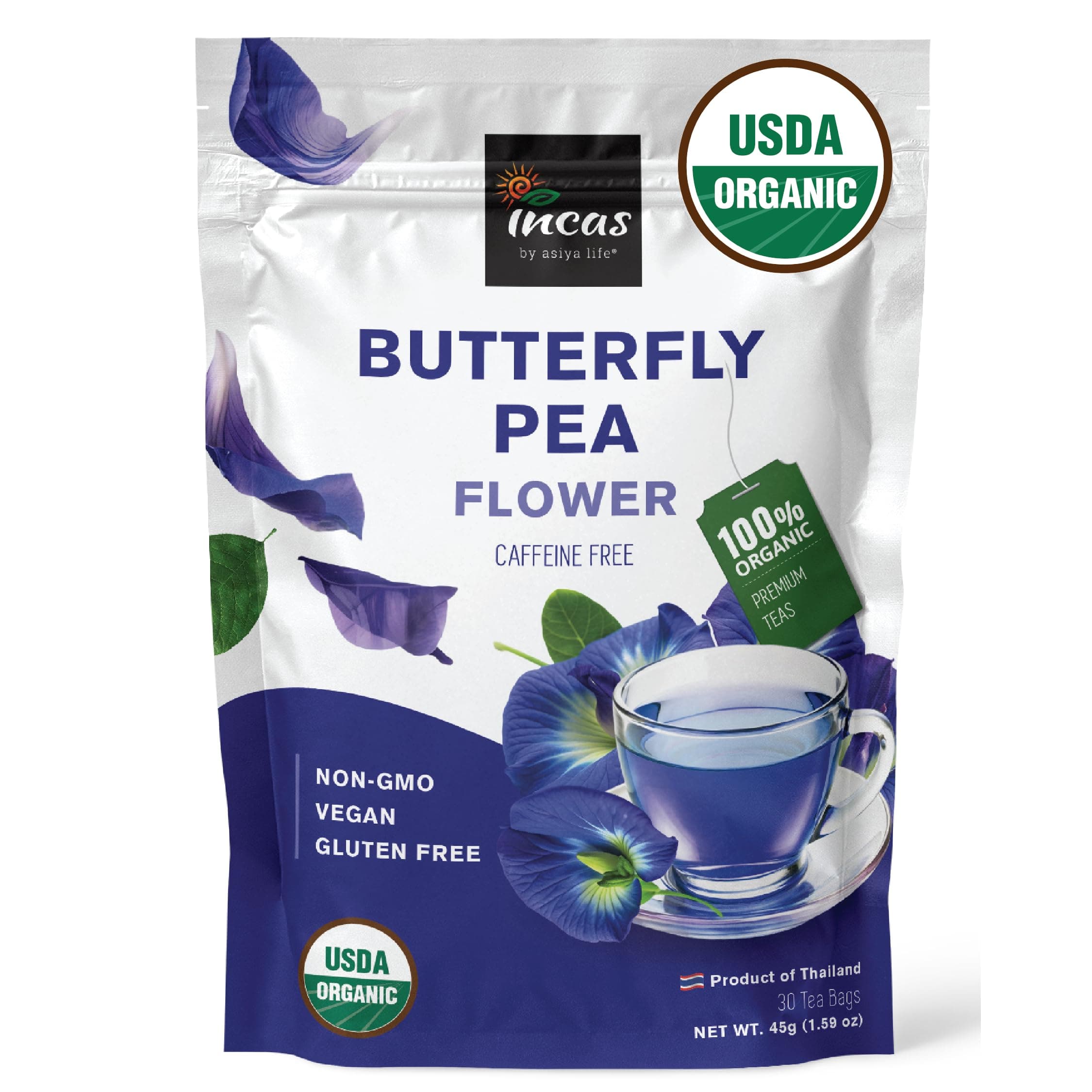 Incas 100% USDA Organic Butterfly Pea Flower 30 Tea Bags Non GMO Verified Caffeine Free Fresh Harvest From Thailand Rich in Antioxidants (BUTTERFLY PEA (TEABAG))