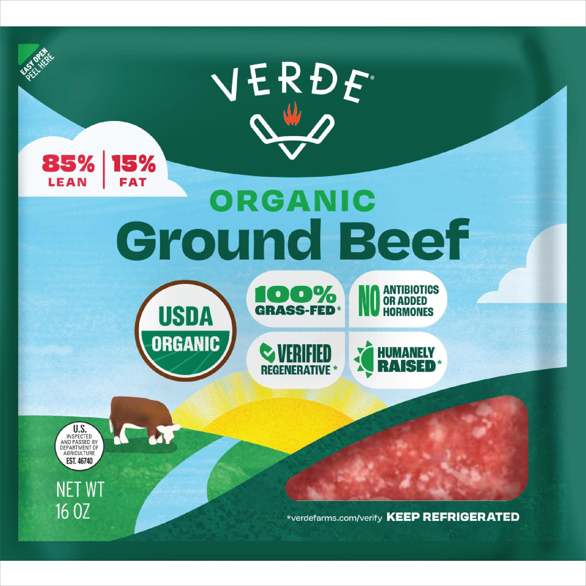 Verde Farms, Ground Beef 85% Lean/15% Fat, Organic, Grass-Fed, 1 lb
