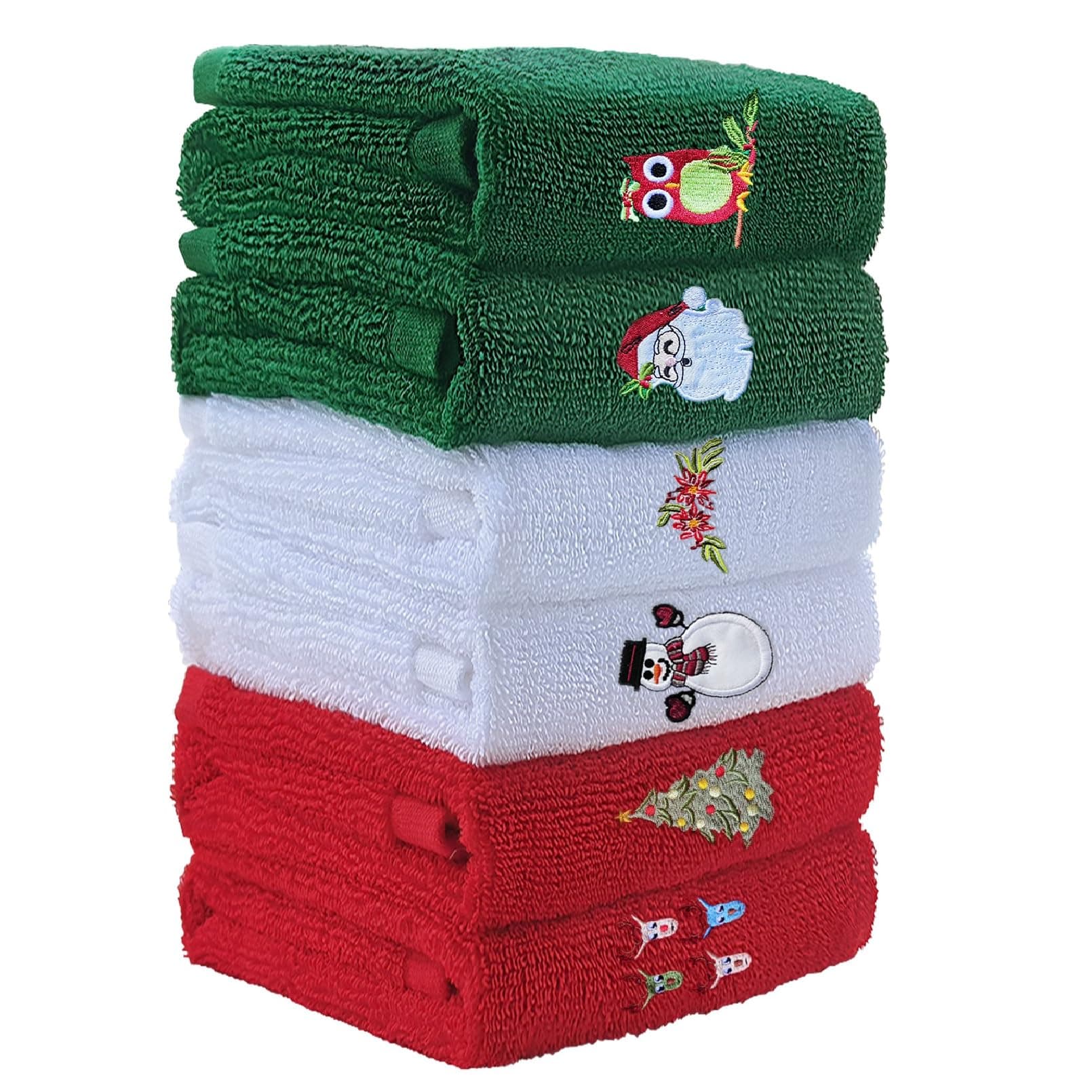 ZiegLad Christmas Hand Towels for Bathroom Kitchen, 100% Cotton, Set of 6, 12x18 inches, Decorative Dish Towels Set, Embroidered Holiday Design Christmas Towels Gift Set, 3 Color