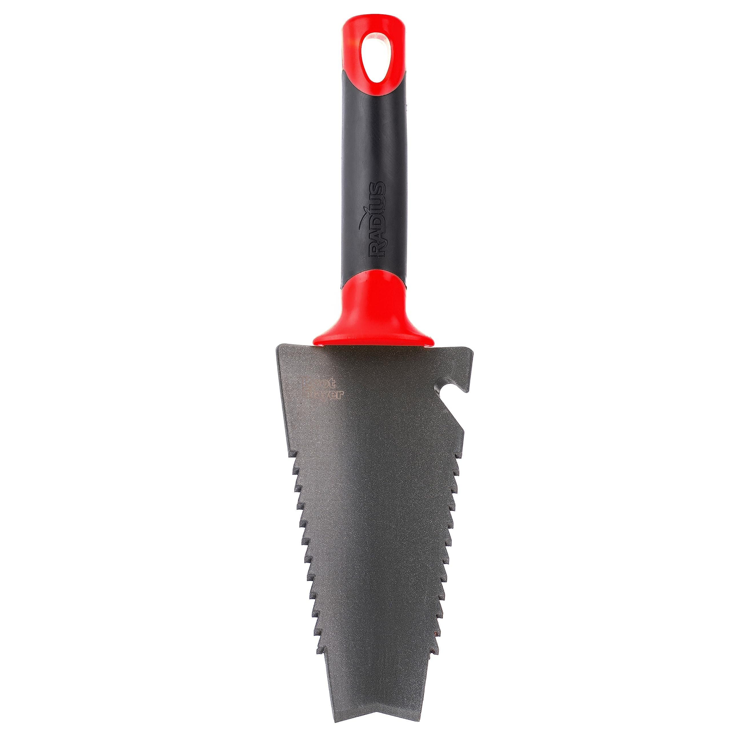 Root Slayer 16011 Garden Trowel with Serrated Blade for Digging and Root Cutting, Heavy Duty Steel Hand Tool, Red