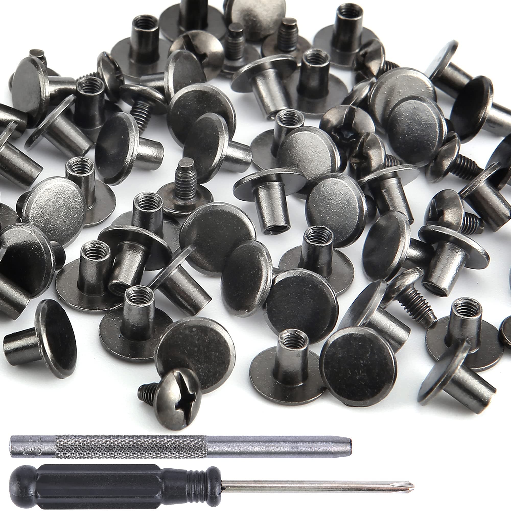 100 Sets Gunmetal Round Flat Head Chicago Screws - Kit for Leather Crafting, Clothing, Shoes, Belts & Bags - 25/64 Inch