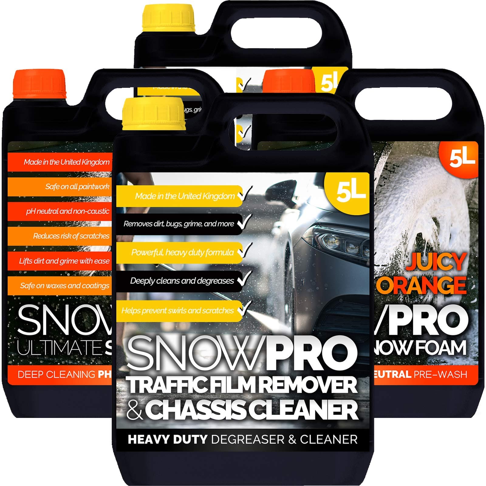 SnowProTraffic Film Remover Chassis Cleaner 10L and Orange Snow Foam 10L – Removes Dirt, Grime, Grease, Oil and Bugs - Multi-Vehicle For Use on Cars, Trucks, Vans, Motorbikes & More
