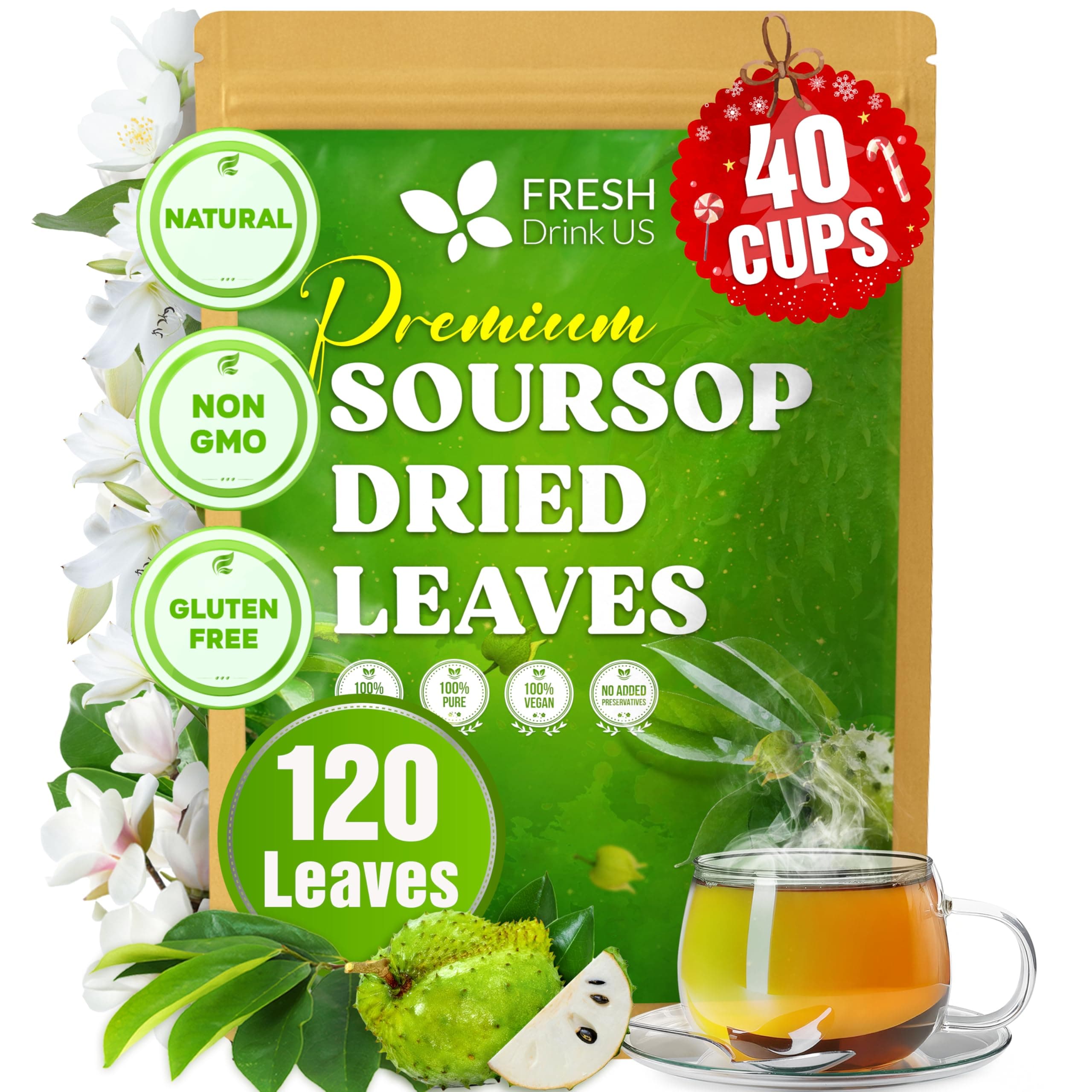 Premium Soursop Graviola Dried Leaves, 120-130 Natural Whole Soursop Leaves, Wildcrafted, Hoja Guanabana, Soursop Loose Leaf Herbal Tea, No Gluten, Vegan