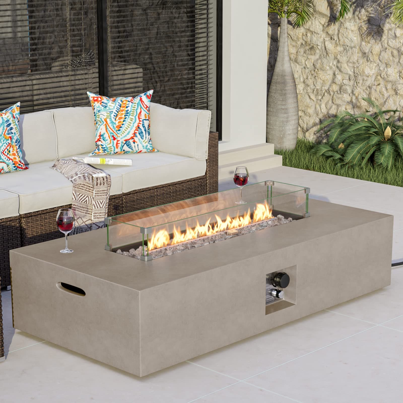 COSIEST Outdoor Propane Fire Pit Table, 56-inch x 28-inch Rectangle Gray Concrete-Like Finish, Certified, 50,000 BTU Stainless Steel Burner w Transparent Gray Fire Glass, Wind Guard, Raincover