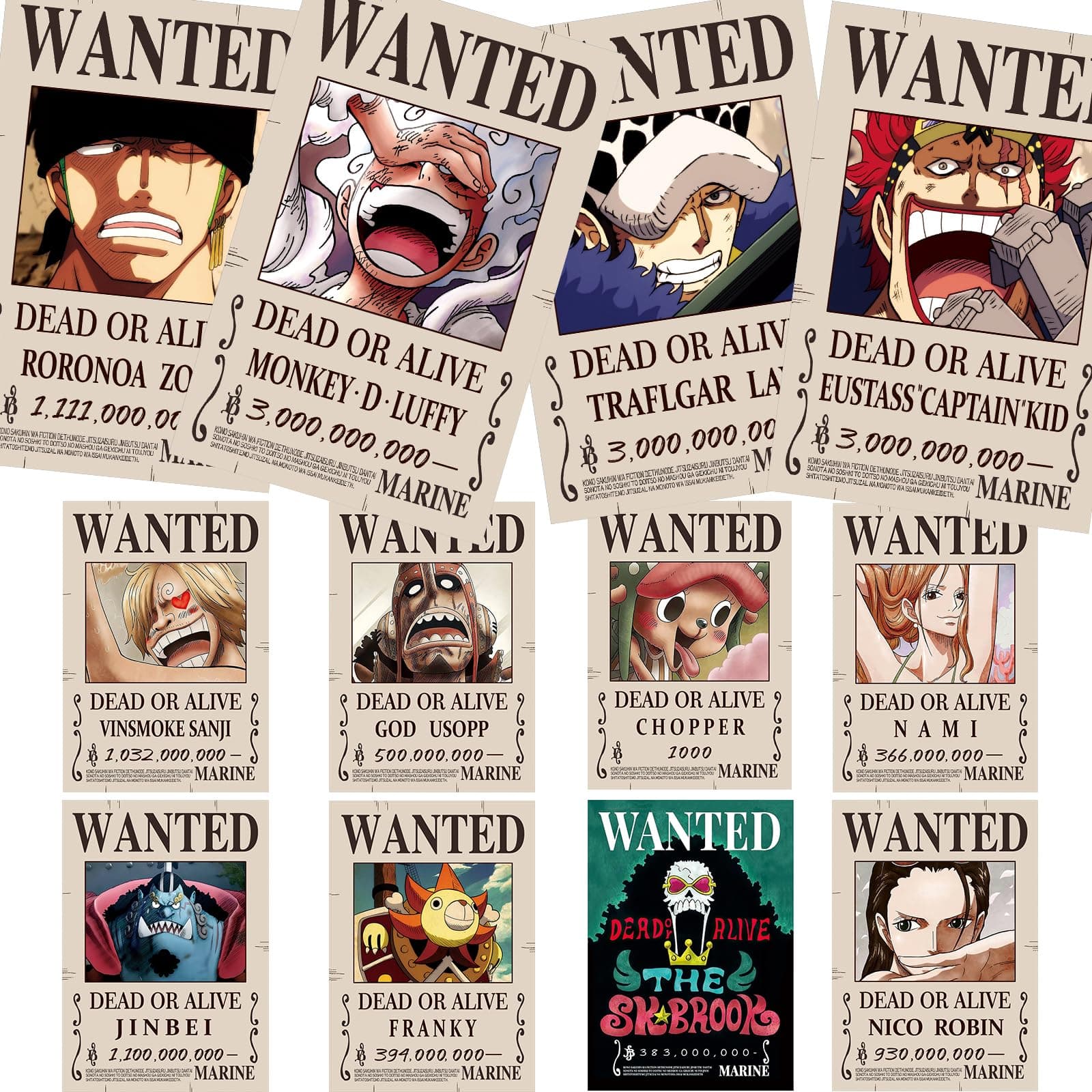 FISH DRAGATE Pack of 12 Anime One Piece Poster 7.8 x 11.2 Inch New Bounty Wanted Edition Straw Hat Pirate Nika Ruffy Gear 5, Zoro Sanji Fifth Gear Ruffy, Kidd, Law, Wall Collage Kits
