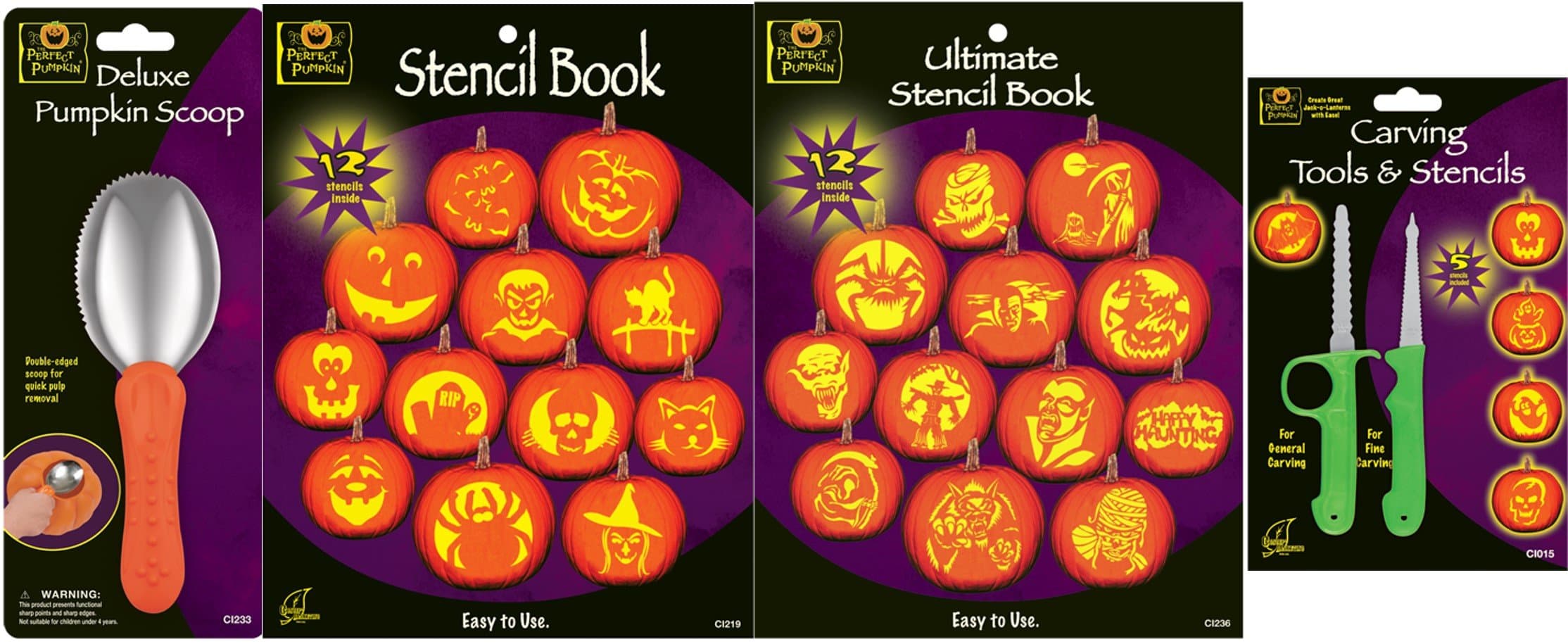 Halloween Pumpkin Carving Bundle of 4 Items, Ultimate Stencil Book, Stencil Book, Deluxe Pumpkin Scoop Spoon, and Carving Tools (2 Pack) (Green)