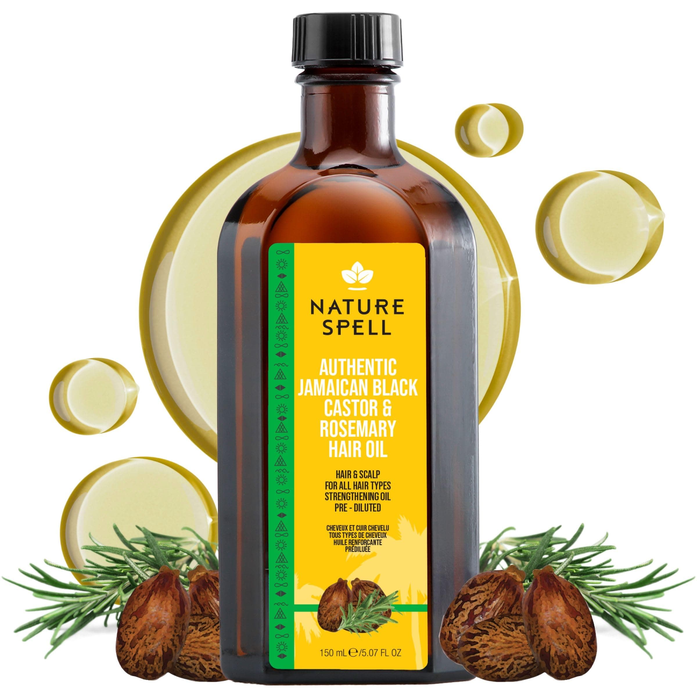 Nature Spell Authentic Jamaican Black Castor Oil with Rosemary for Hair & Body 150 ml - Natural Hair Growth - Strengthen Hair Roots - Treat Dry and Damaged Hair