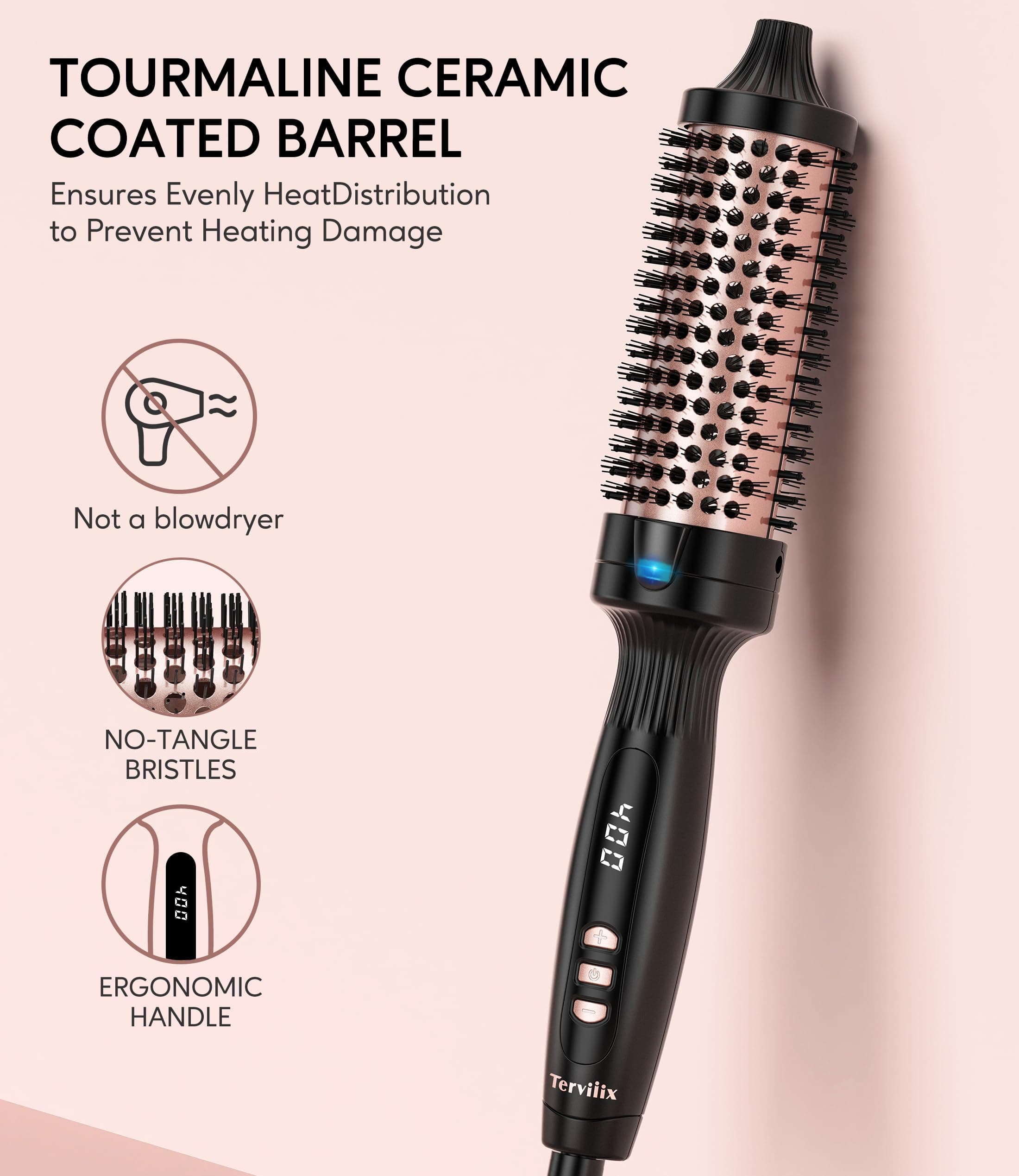 Terviiix Thermal Brush 1.5 Inch, Ceramic Tourmaline Ionic Hot Brush, Digital Display 9 Temperatures, 60-Minute Auto-Off, 360° Swivel Cord, Black