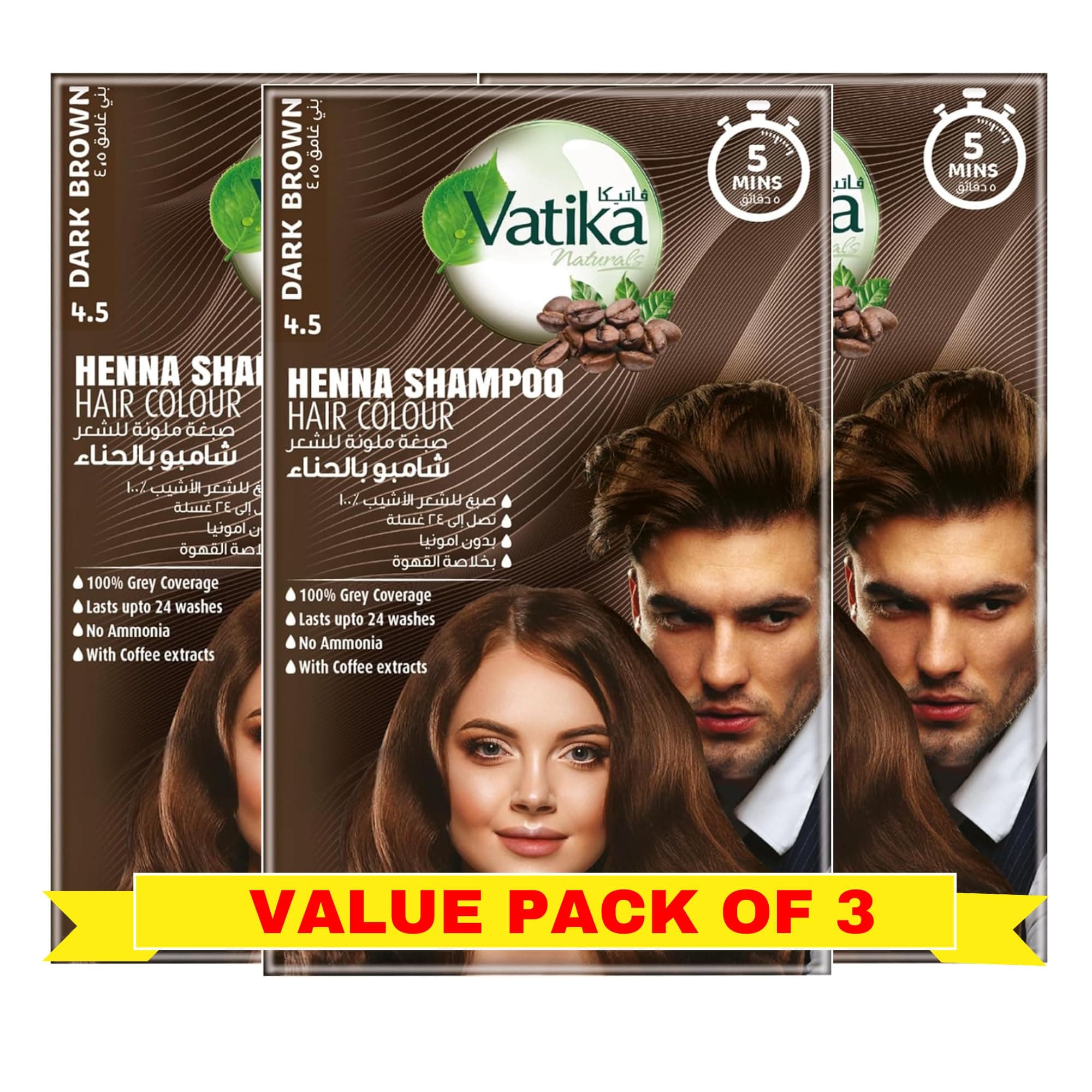 Naturals Instant Henna Shampoo Hair Colour Dark Brown (3 x 20ml + Gloves) | With Coffee Extracts | 100% Grey Coverage in 5 Minutes | No Ammonia | Lasts Up to 24 Washes