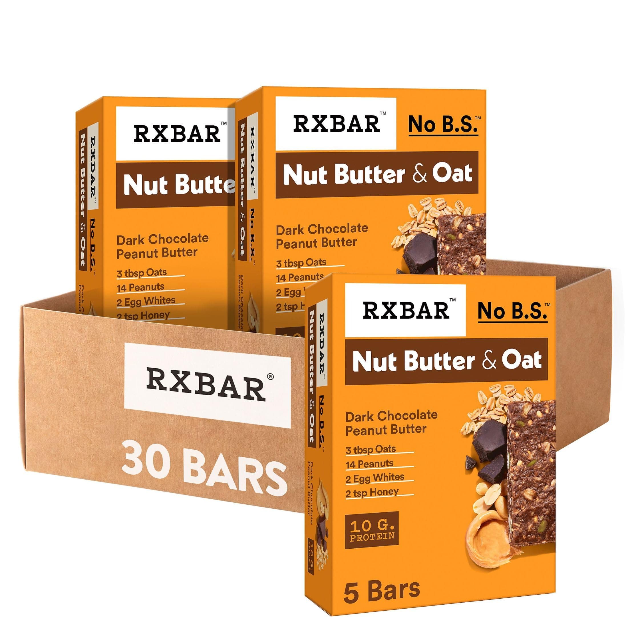 Nut Butter and Oat Protein Bars, Protein Snacks, Dark Chocolate Peanut Butter (6 Boxes, 30 Bars)