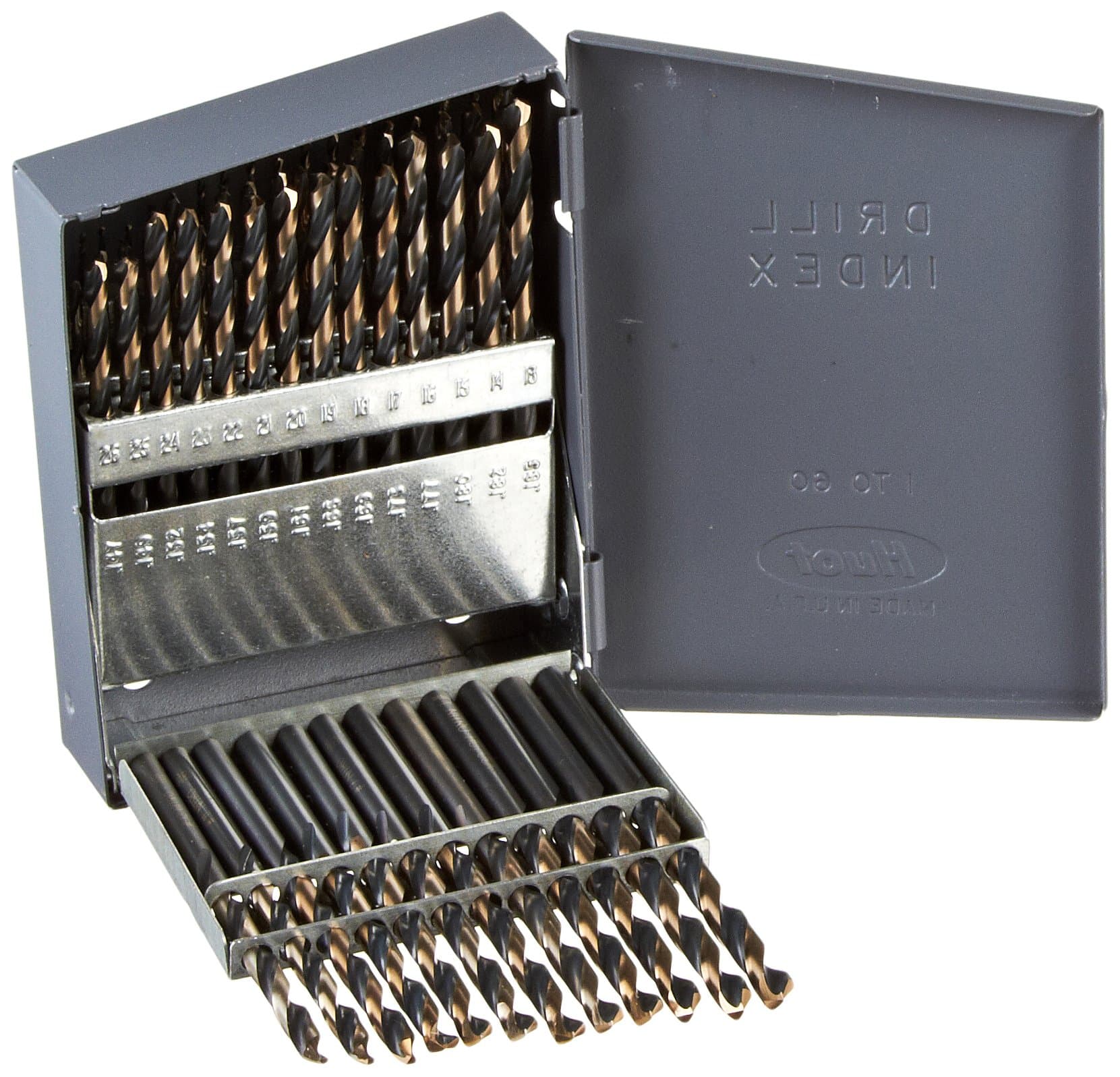 Drillco400N Series Nitro 60 Piece High-Speed Steel Heavy-Duty Jobber Drill Bit Set, Black and Gold Oxide Finish, Round Shank, Spiral Flute, 135 Degrees Split Point, Size #1 - #60
