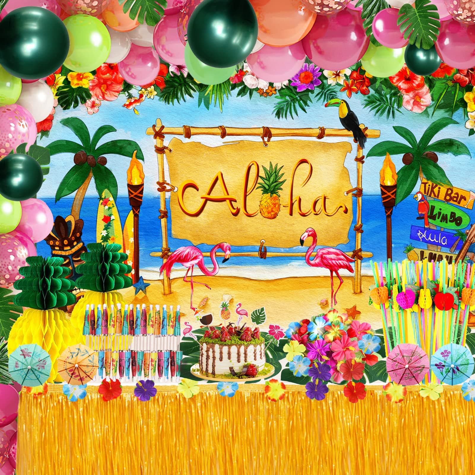 Hawaiian Luau Party Decoration Pack (159 Pcs), Tropical Beach Themed Aloha Summer Party Supplies Kit, (including Table Skirt, Backdrop, Balloons, Straws, Hibiscus Palm Leaves, Food Topper, Pineapples)