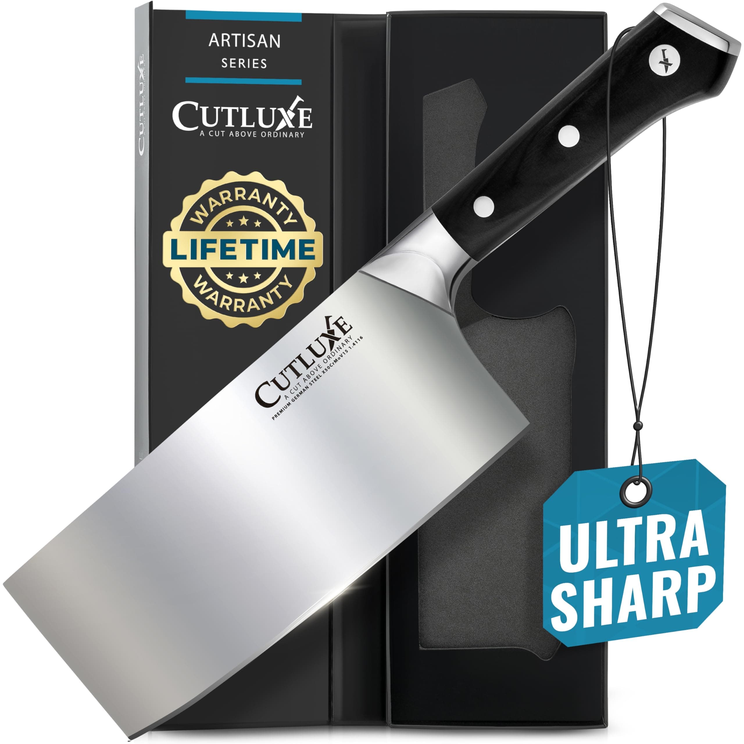 Cutluxe Cleaver Knife - 7" Meat Cleaver, Butcher Knife for Meat Cutting – German Steel Blade, Full Tang, Ergonomic Handle Design – Artisan Series