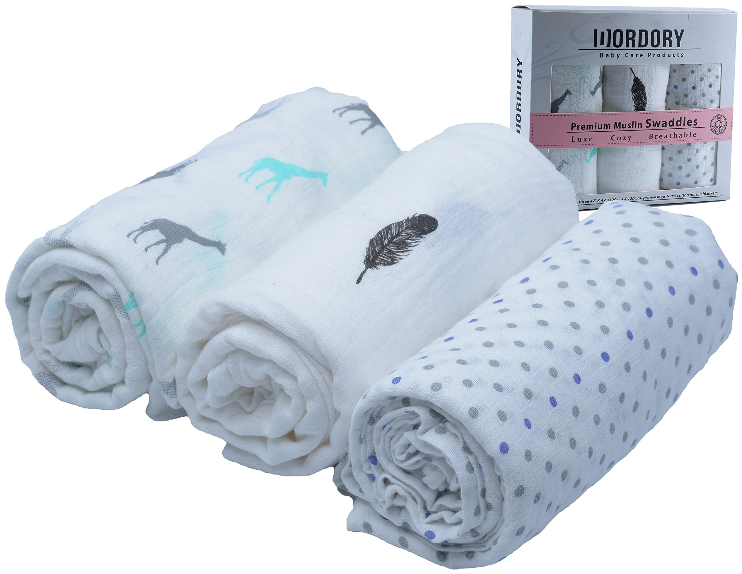 DORDORY 100% Premium Cotton Ultra Soft Breathable Muslin Swaddle Blankets White Grey Large 47x47 (Set of 3) - Nursery Receiving Blanket Car Seat Cover