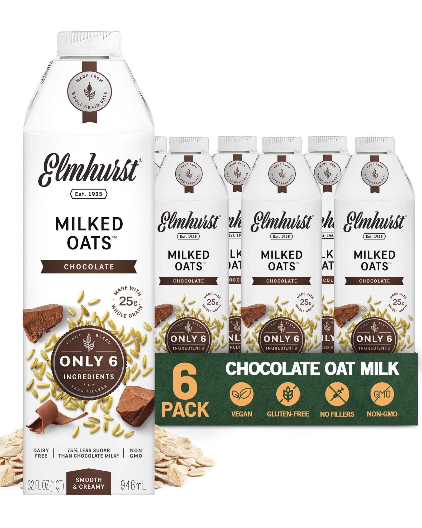 Elmhurst 1925 Chocolate Oat Milk - 32 Ounce (Pack of 6) Dairy-Free, Vegan, Kosher, Gluten-Free, Less Sugar, Shelf Stable Plant Based Milk Made with Whole Grain Oats & Cocoa for Smoothies & Baking