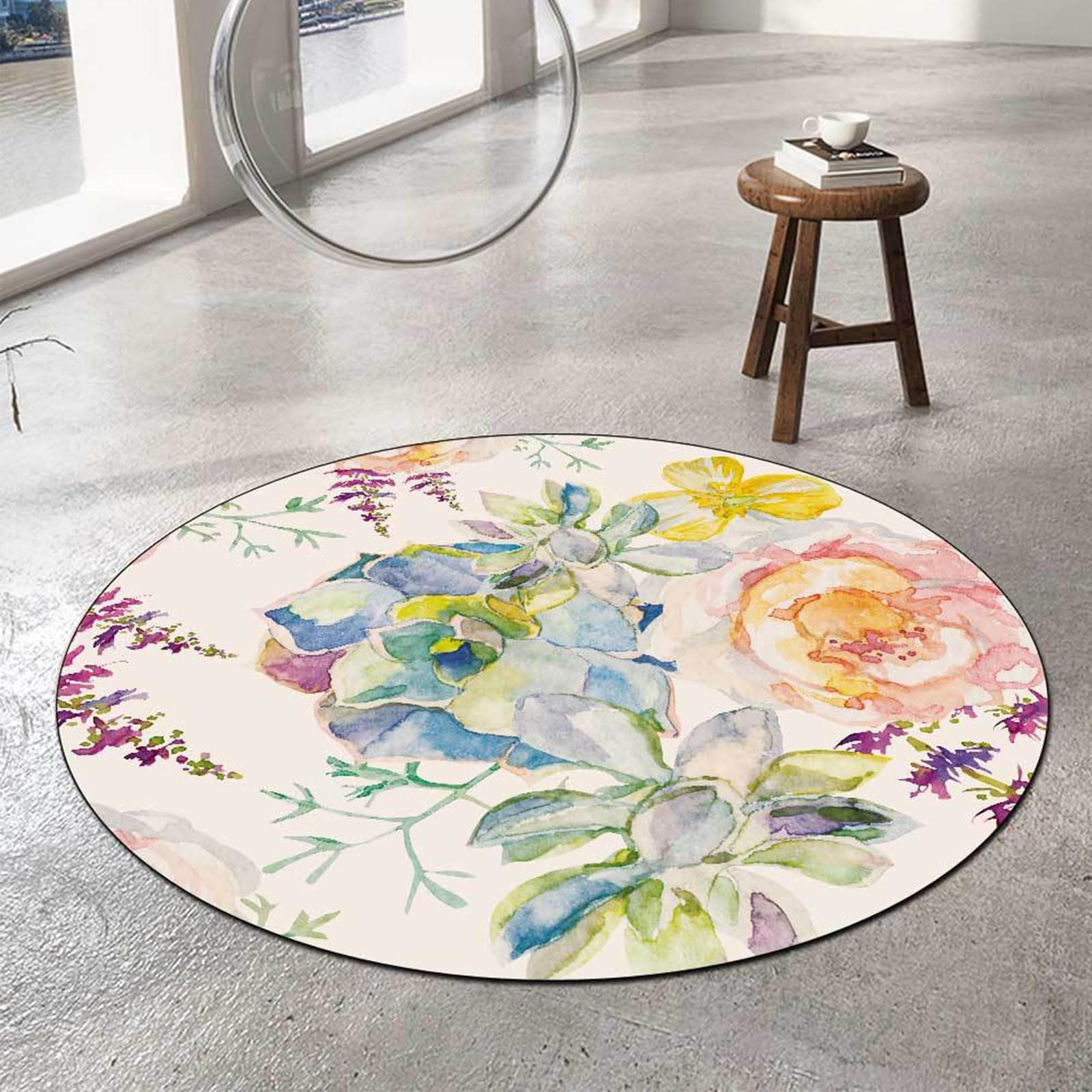 Circular Rug 39 x 39 inch, Multicolour Floral Modern Purple Red Green Blue Pink Yellow Orange, Vanilla White,Colourful,Round 100 x 100 cm,Living Room Bedroom Decor