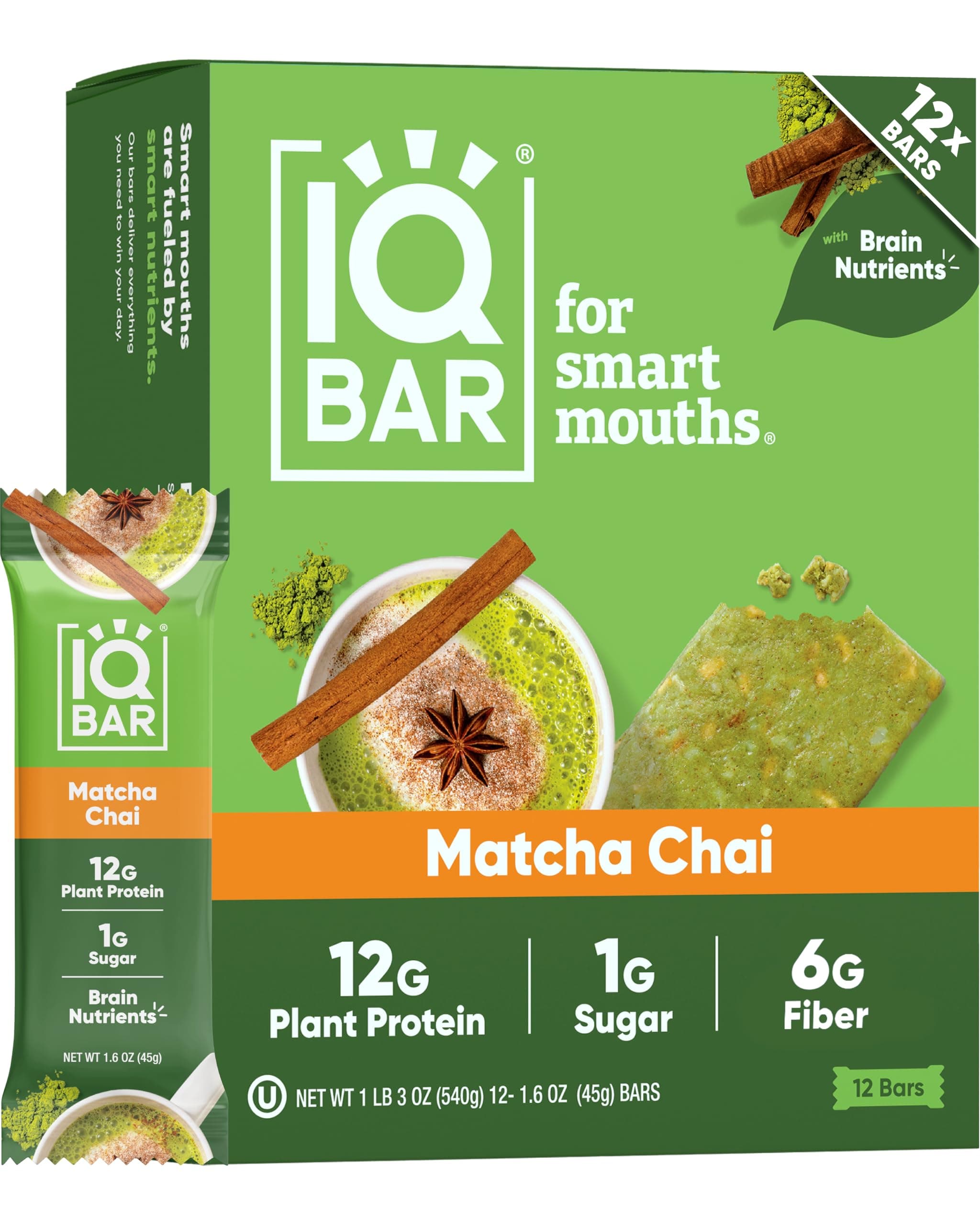IQ BAR Brain and Body Keto Protein - Matcha Chai Keto - 12-Count Energy - Low Carb Protein - High Fiber Vegan and Low Sugar Meal Replacement - Vegan Snacks