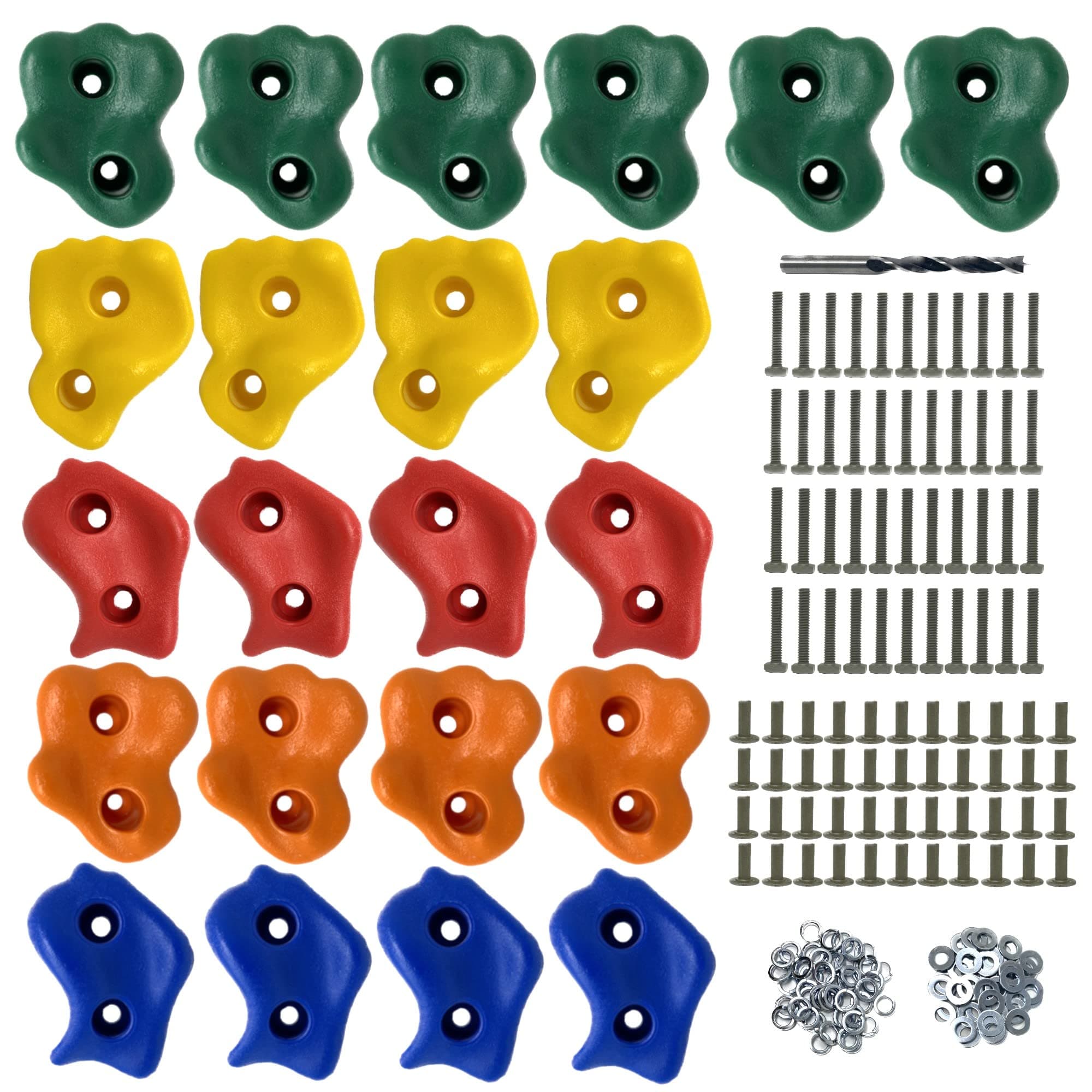22 Assorted Deluxe Rock Climbing Holds for Kids - Outdoor Climbing Stones Kit with 44 Swing Safe Fasteners + Drill Bit Easy to Install on Lumber from 3/4" to 1.25" Thick