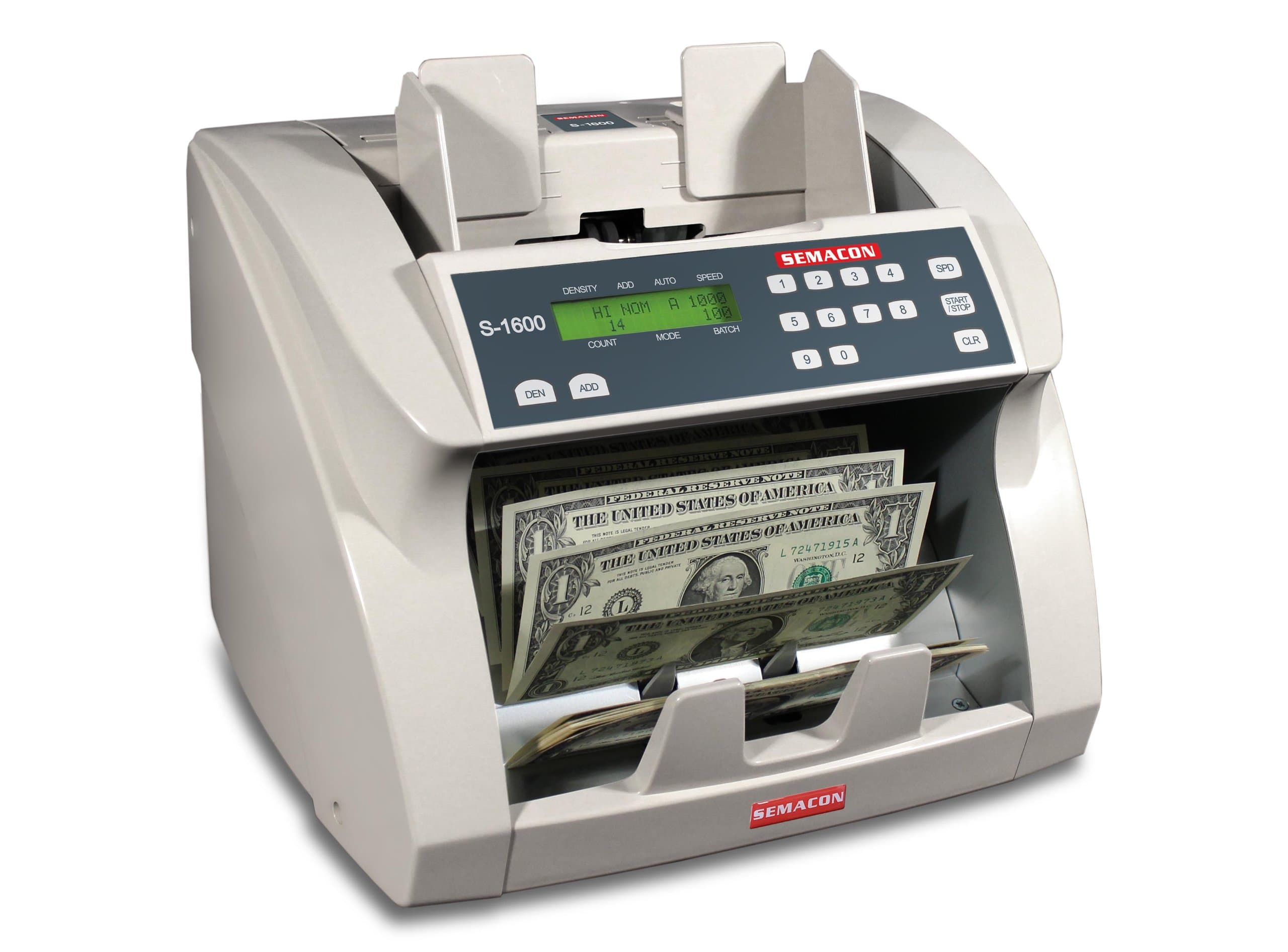Semacon S-1600 Ultra High-Speed Premium Bank Grade Currency Counter; Counting Mode, Adding Mode and Memory; 1000/1200/1500/1800 Notes per Minute; 10 Keys/1-999 Range Batching