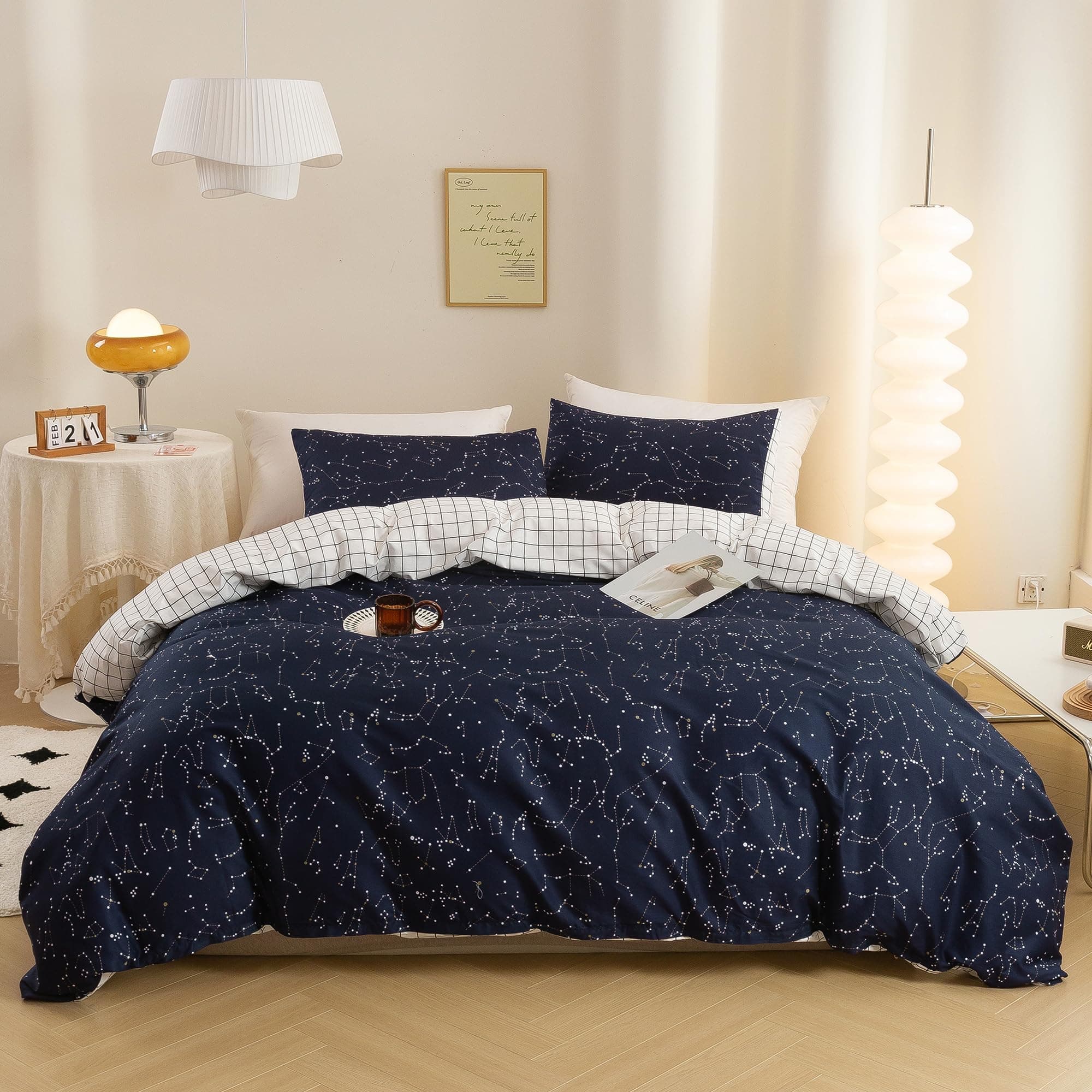 ECOCOTT Duvet Cover King, 3 Pieces 100% Natural Cotton 1 Duvet Cover +2 Pillowcases Bedding Set,Navy and Cosmic Constellation Reversible Printed Pattern Breathable and Durable Duvet Cover King Size