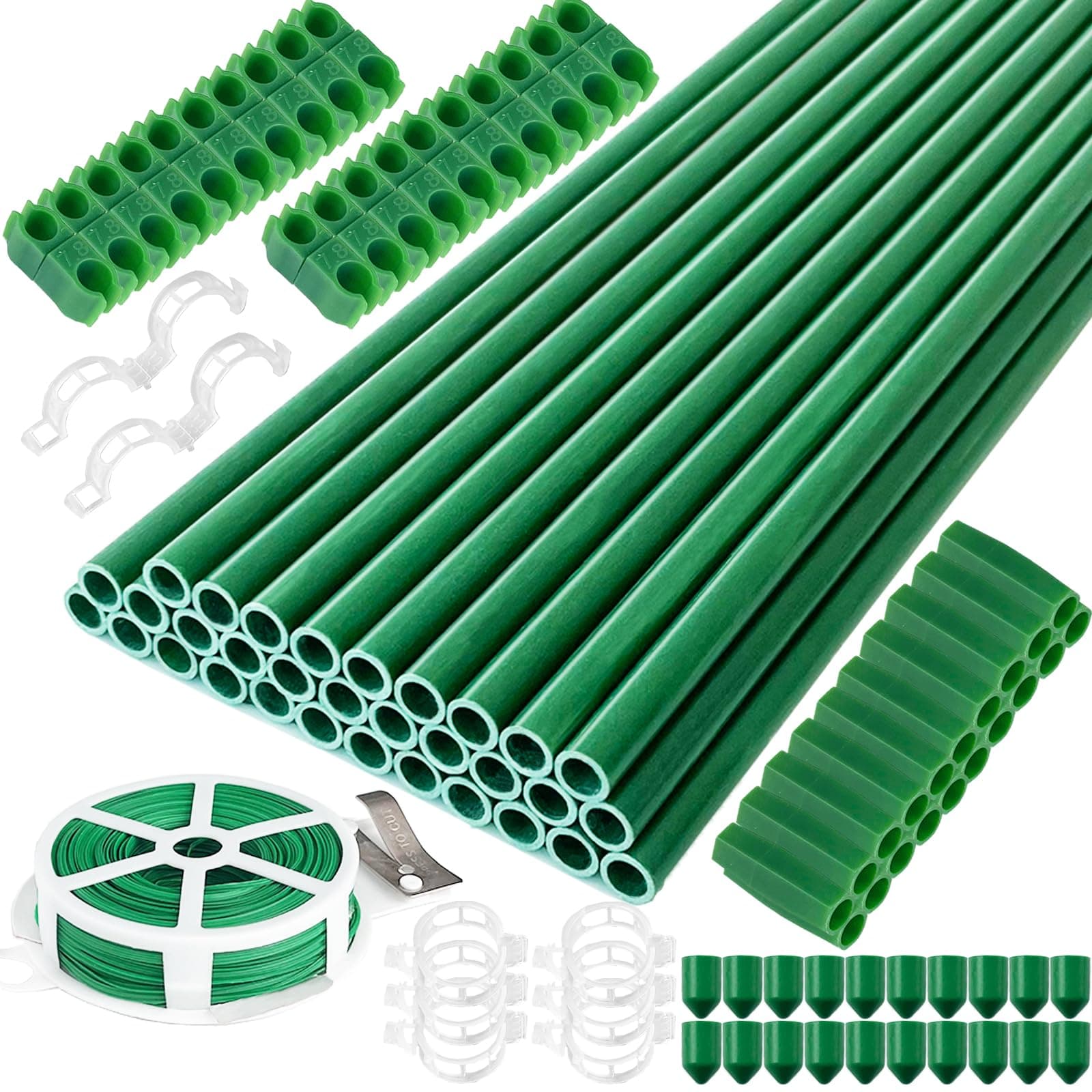 143 Pcs Garden Stakes Set,32 Sets of Fiberglass Plant Stakes Sticks,DIY 3ft 4ft 5ft 6ft 7ft Sturdy Plant Stakes for Tomato Vegetables, Sticks Support for Indoor Outdoor Plants Gardening Supplies