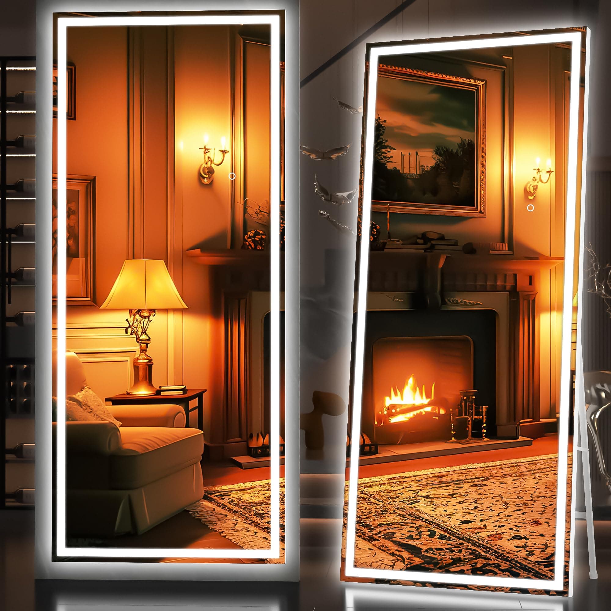 Hasipu Full Length Mirror with Lights, 75" x 28" LED Lighted Floor Standing, Full Body Dressing Hanging Mounted Mirror, Dimmable, Tempered Glass, Safe to Use, Square White