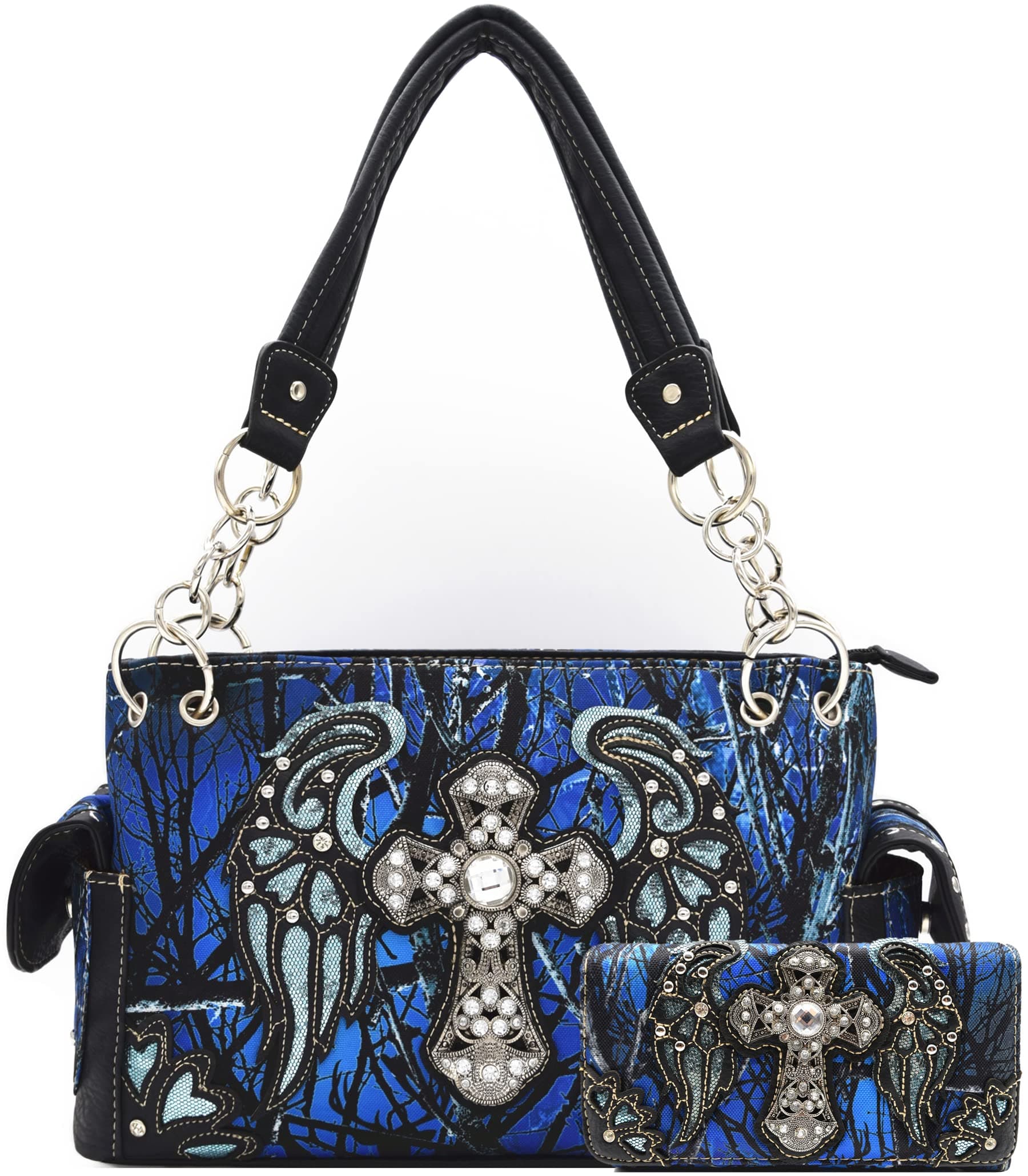 Camouflage Rhinestone Cross Laser Cut Shine Glow Wings Western Style Purse Country Handbag Women Shoulder Bag Wallet Set