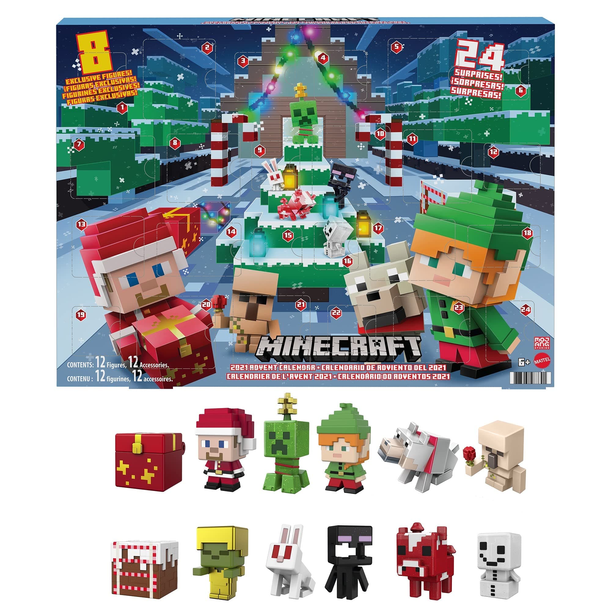Mattel Minecraft Mini Figures 2021 Advent Calendar, One A Day Storytelling Fun with Minecraft Characters and Stickers, Holiday Activity Gift, for Kids Age 6 Years & Older