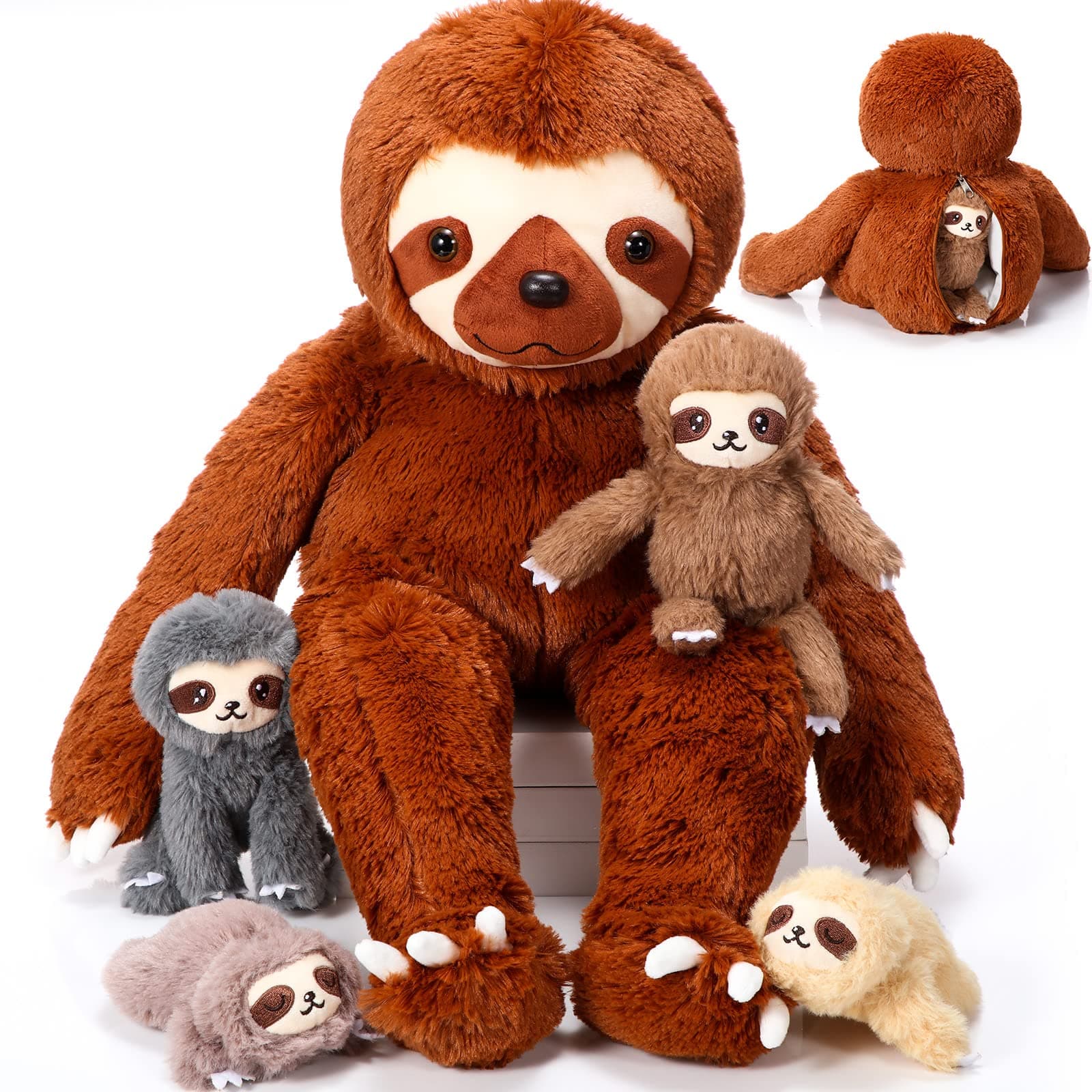 5 Pcs Sloth Plush Toy Set 13 Inch Mommy Sloth Stuffed Animal with 4 Cute Baby Plushies in Zippered Belly for Kids Birthday Gifts Home Decors Baby Shower Birthday Party Favors(Brown)