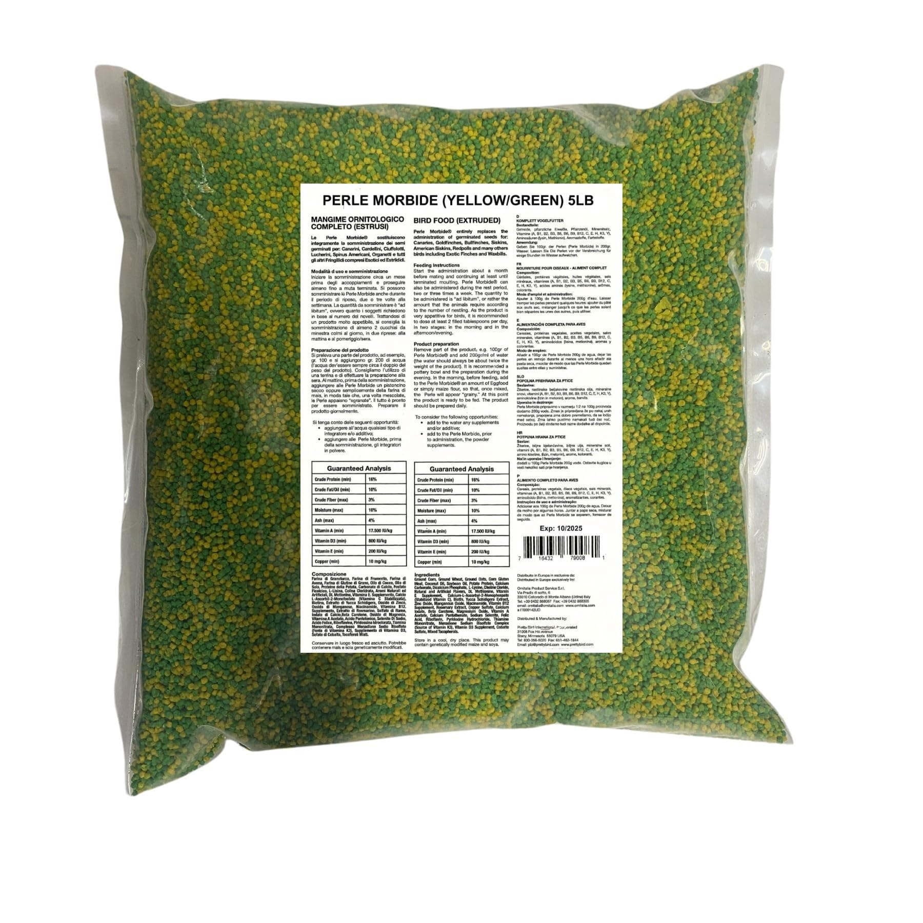 Perle Morbide Yellow Green Soft Bird Food 5Lb – Comida para Pajaritos, Complete Extruded Diet for Canaries, Finches, Parakeets, Goldfinches, Lady Gouldians – Vitamin-Rich & Digestible Formula