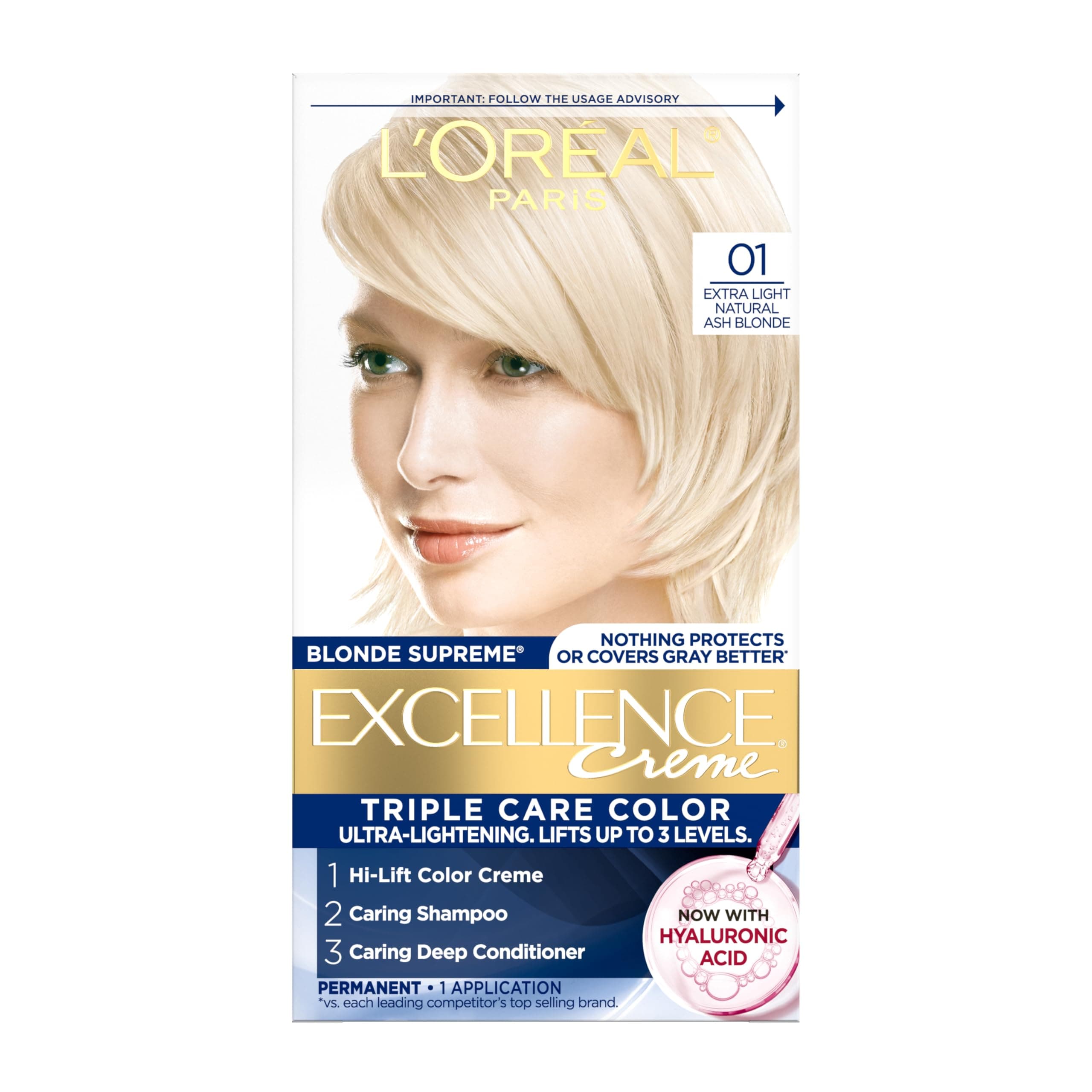 Excellence Crème Permanent Hair Dye, Triple Care Hair Color with Hyaluronic Acid for 100% Gray Coverage, 01 Extra Light Natural Ash Blonde, 1 Kit (Packaging May Vary)