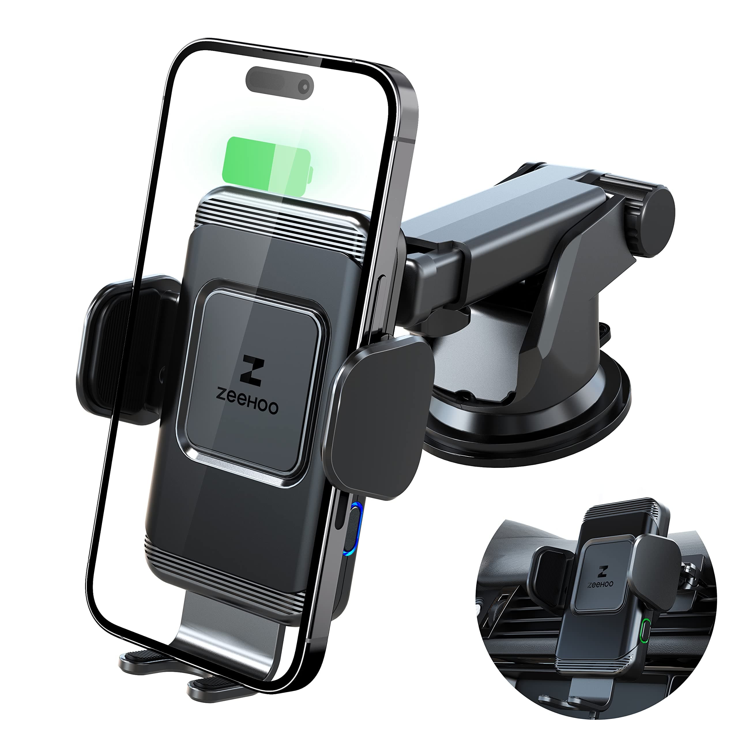 ZeeHoo Wireless Car Charger,15 W Fast Charging Auto-Clamping Car Mount,Windshield Dash Air Vent Phone Holder for iPhone 14 13 12 Mini 11 Pro Max XS XR 8,Samsung S22 S21 S20 Note 20 10 9 8