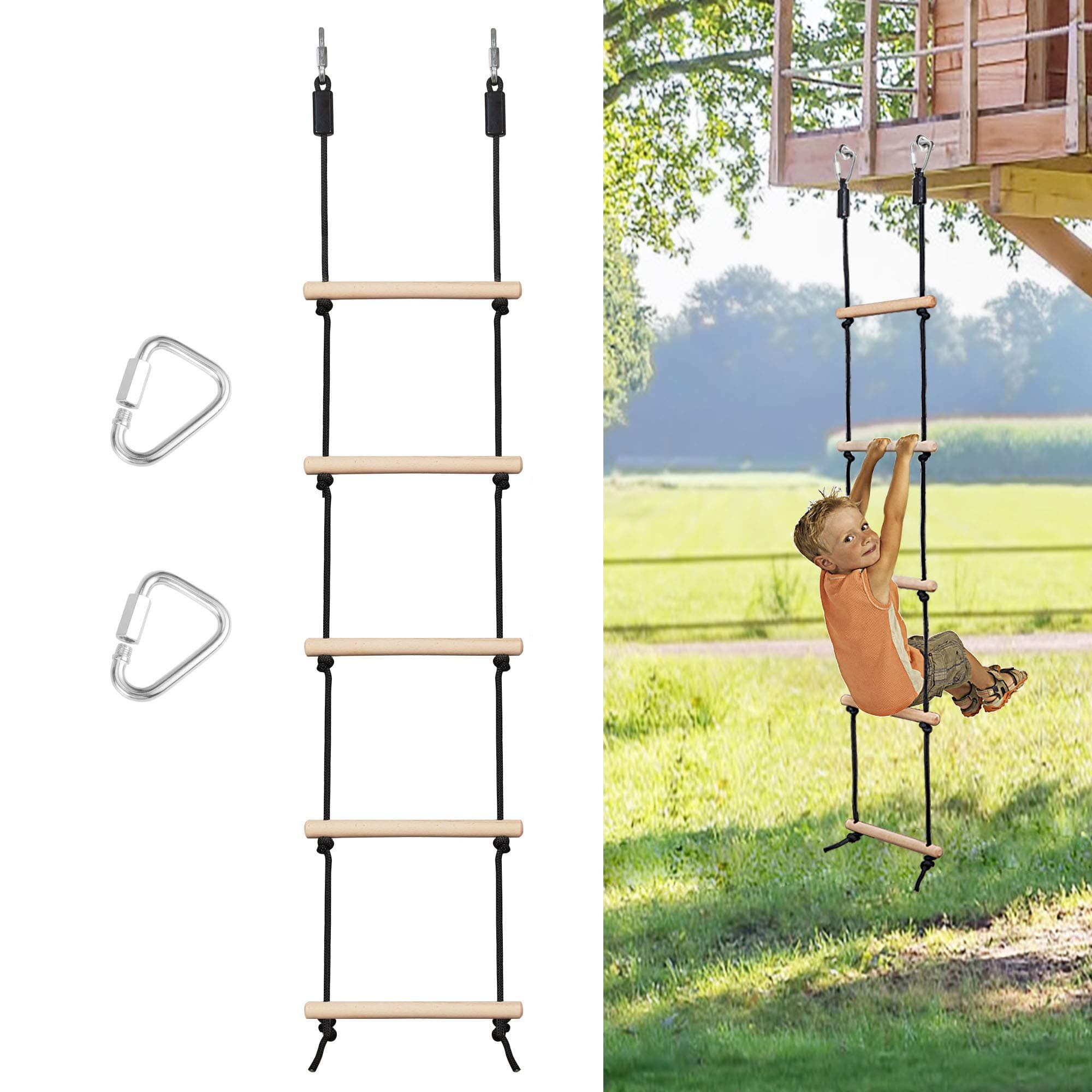 Rope Ladder for Kids Climbing Obstacle Wooden Swing Rope Ladder with 2 Hooks for Kids Climbing Game Hanging Ladder for Swing Accessories, Playground, Play Set