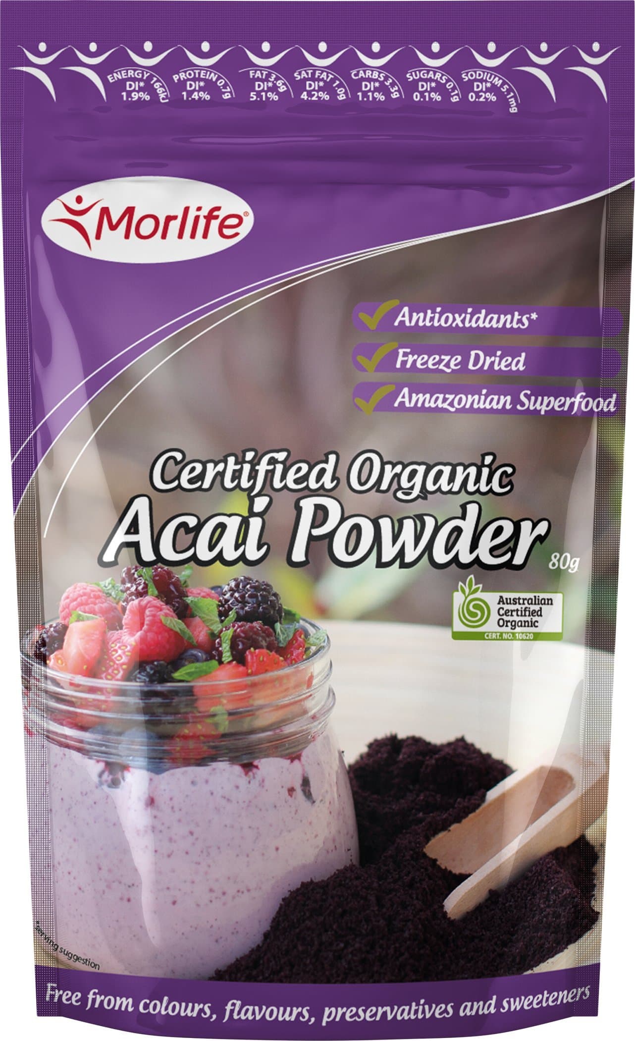 Morlife Certified Organic Acai Powder 80g - Freeze Dried Amazonian Superfood, Source of Antioxidants, Free from Colours, Flavours, Preservatives and Sweeteners, 10 serves