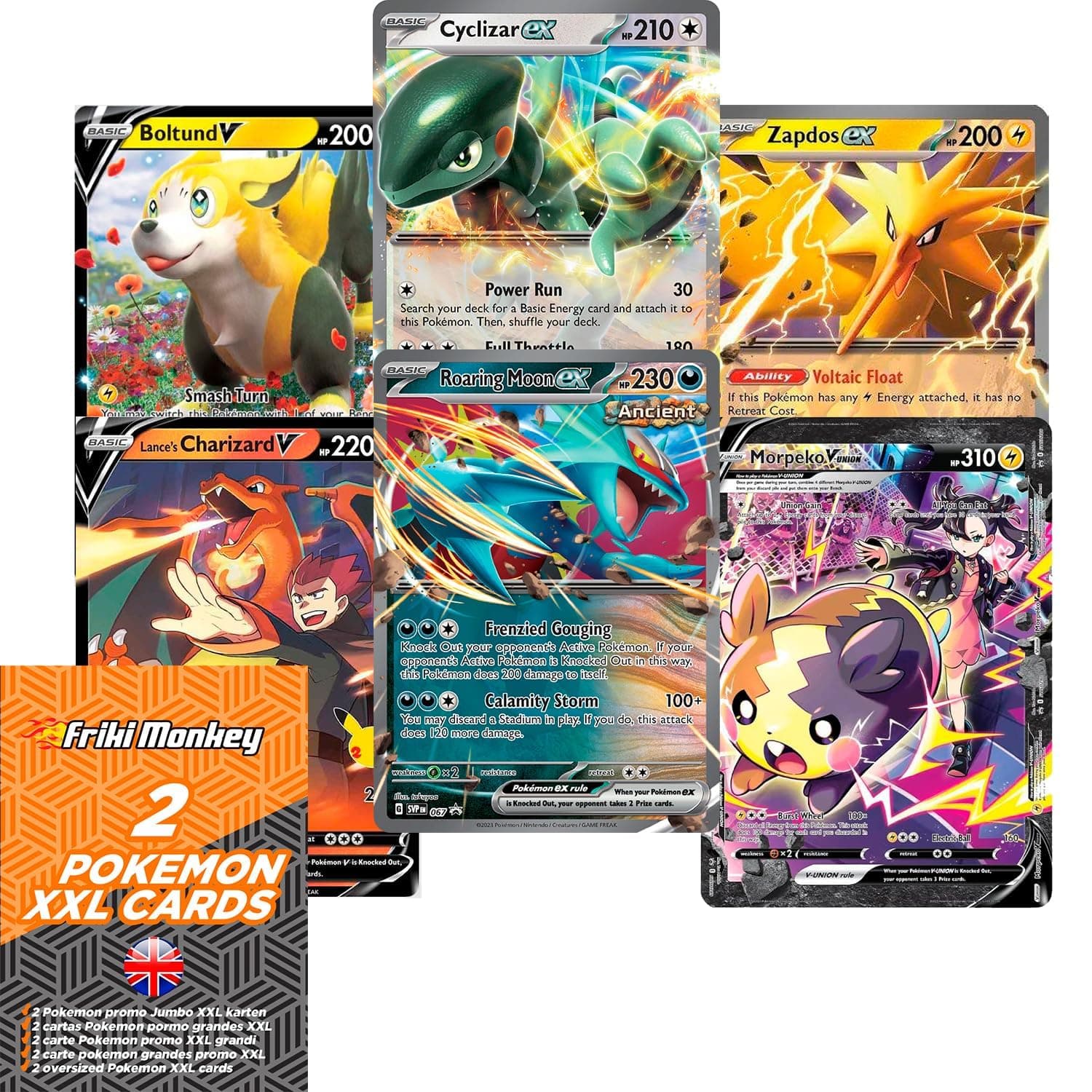 Friki Monkey Jumbo Pokemon Cards - 2 Random XXL GX VMAX Mega V Pack, Official English