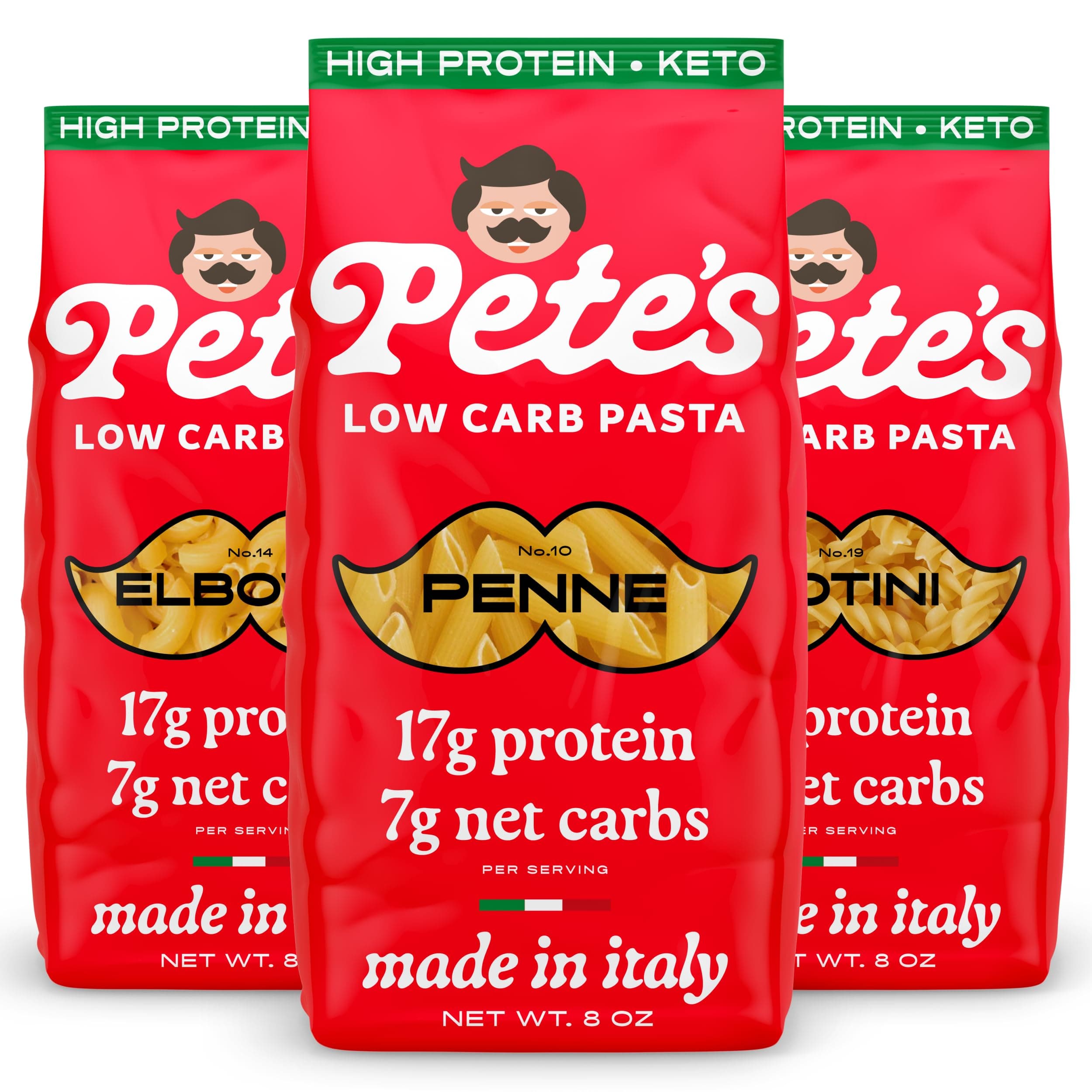 Pete'S Pasta - 8oz Assortment Pack - Penne, Rotini, Elbow, 7g Low Carb Pasta, 17g High Protein Pasta, Authentic Italian Ketogenic Noodles, Healthy and Low Elbows