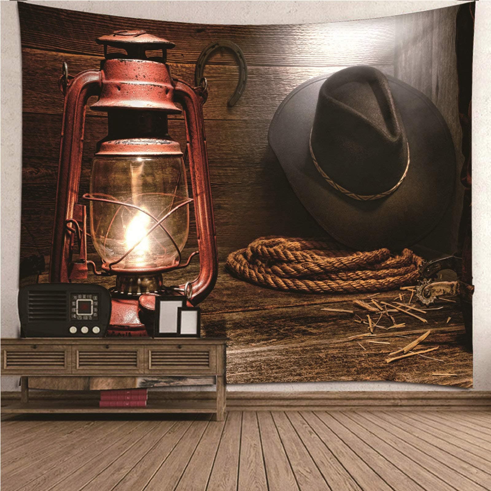 Banemi Psychedelic Tapestries, Cool Tapestries for Guys Brown Retro Cowboy Hat and Oil Lamp Polyester Bedding Tapestry Size 350X256cm