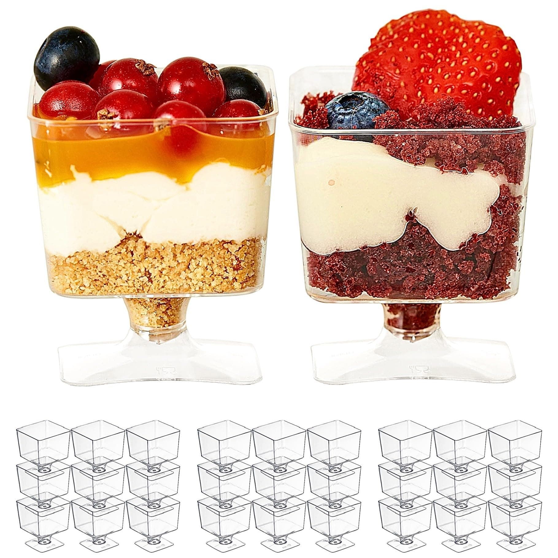MATANA 100 Mini Clear Hard Plastic Dessert Cups for Parties (Square with Stem, 60ml) - Elegant & Reusable Individual Dessert Pots for Cheesecake, Jelly, Puddings, Mousse, Tiramisu, Trifles