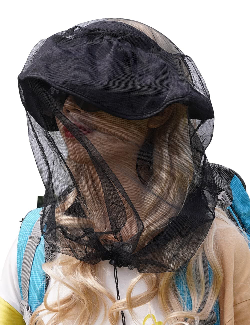 wohohoho Mosquito Head Net Mesh with Drawstring, Bug Face Netting for Hats, Mesh Face Shield for Men & Women Beekeeper Net Mask Protection for Midges, Bugs & Gnats (2 Packs, Black, Updated Big Net)