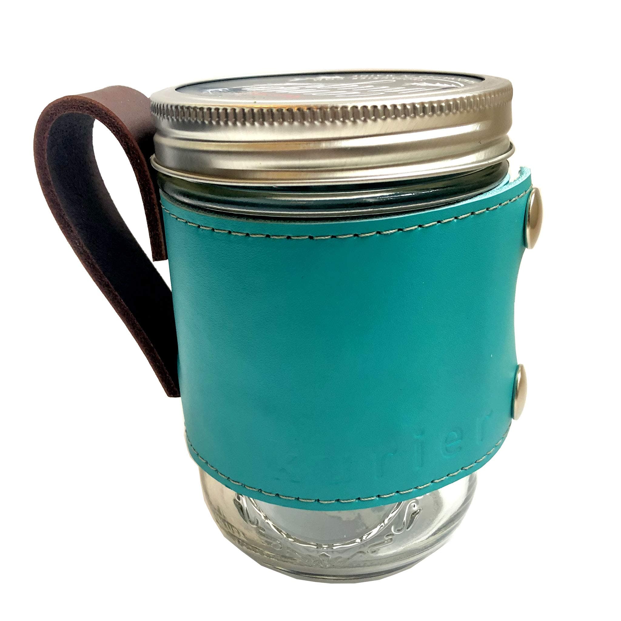 Kurier turquoise blue removable real leather Camp Mug/glass mason ball canning mug travel coffee cup w/handle made in USA 16 oz. glass jar incd.