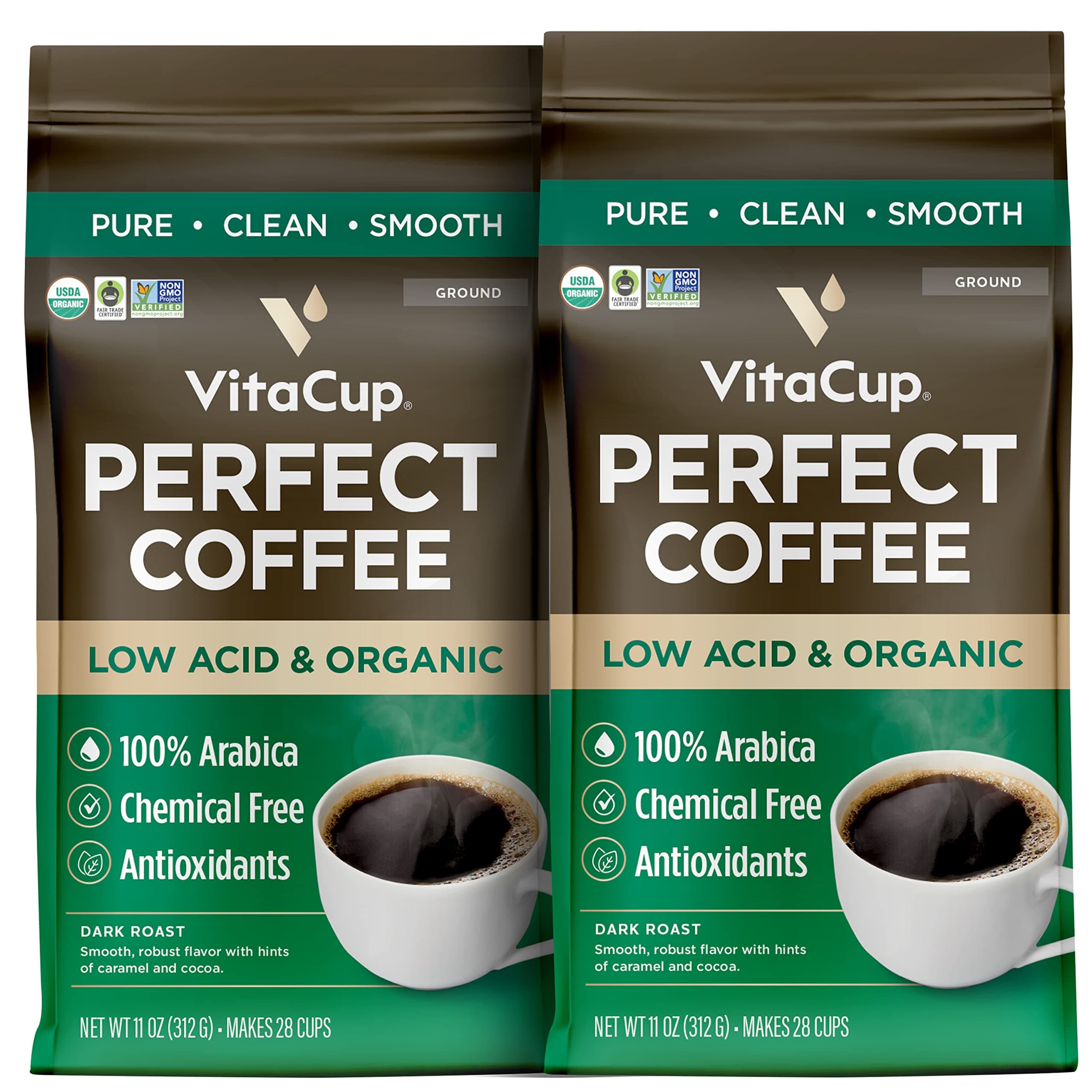 VitaCup Perfect Low Acid Coffee Ground, USDA Organic & Fair Trade, Mycotoxin Free, Dark Roast Guatemala Single Origin, Clean & Pure for Drip Coffee Brewers and French Press, 20 ounces
