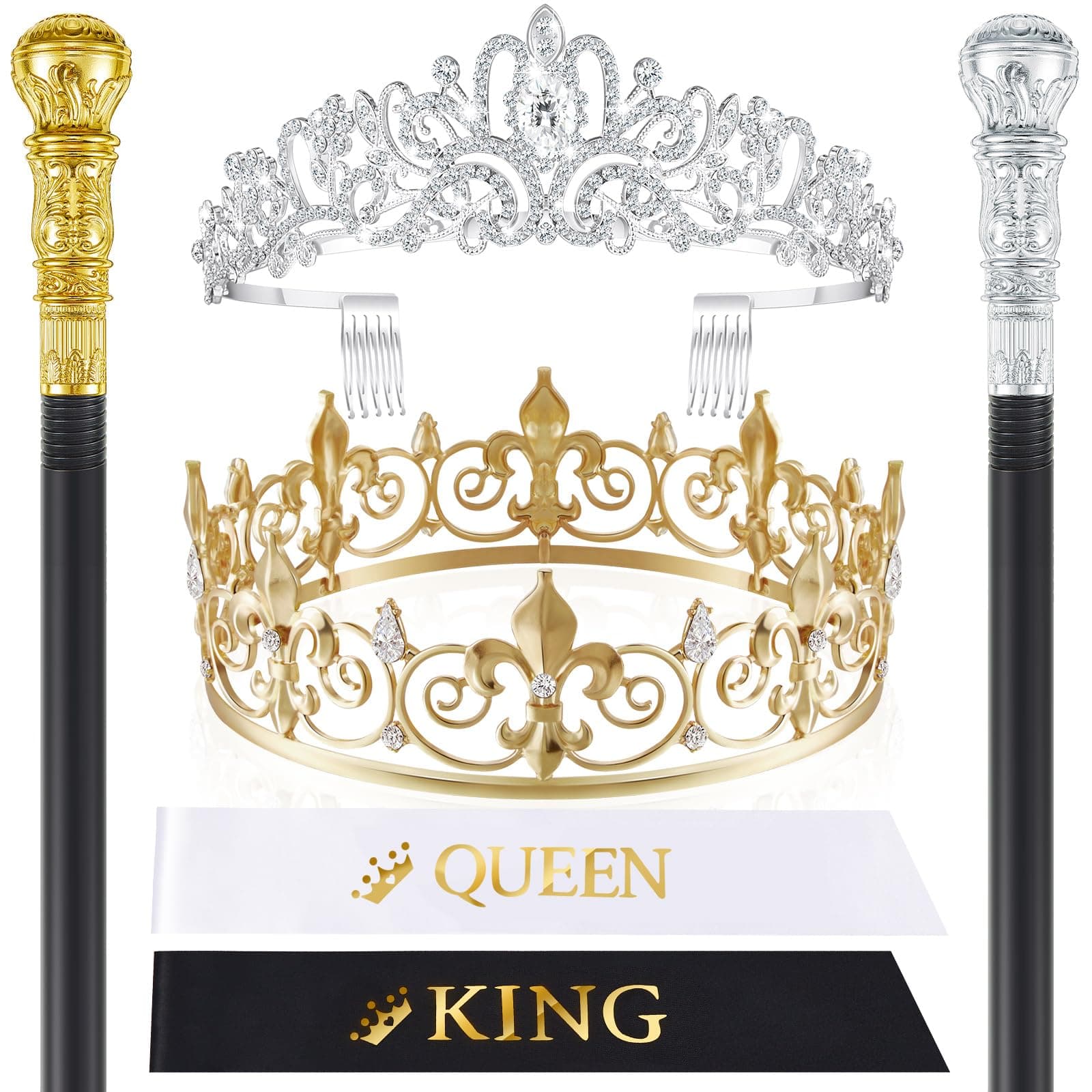 Zhanmai 6 Pcs Prom King and Queen Crowns Set Homecoming Costume Walking Cane Sashes for Birthday Party