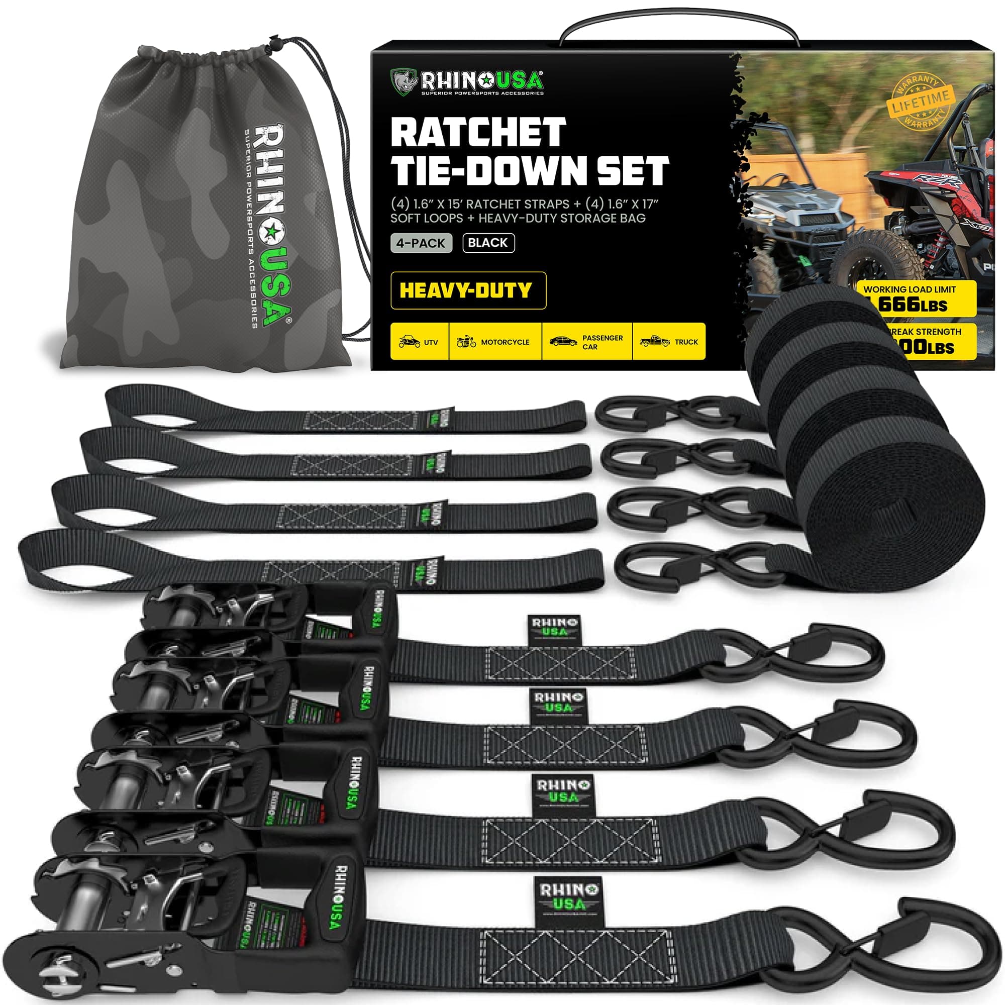 Ratchet Straps Heavy Duty Kit (4-Pack) - 1.6 Inch x 15 Feet Min Break Strength (5,000) - Ultimate Tie Down Straps with Safety S Hooks for Trucks, ATV, UTV, Motorcycle, Cargo & More - Black