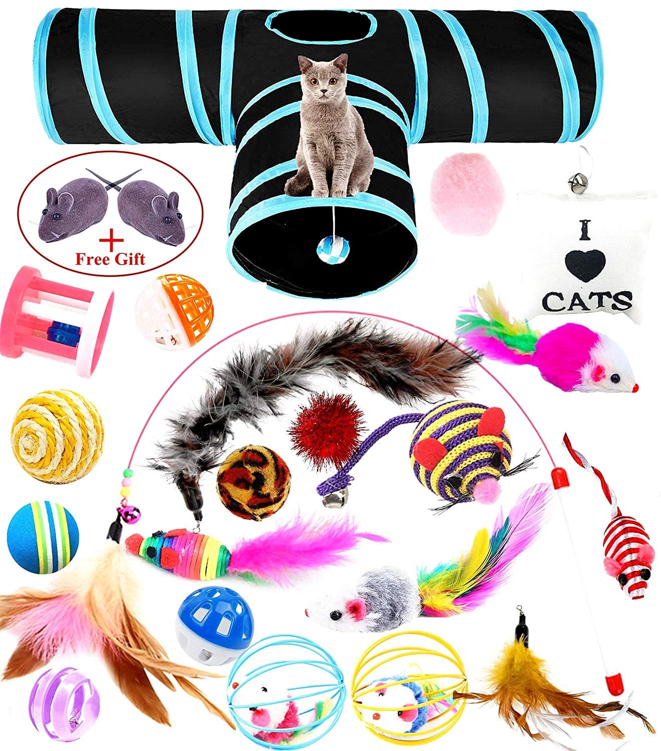 wordmo Cat Toys Kitten Toys 23pcs-Variety Pack with Collapsible 3 Way Cat Tunnel,Feather Teaser Wand/Mouse/Balls/Bells for Cat/Puppy/Kitty Indoor Outdoor Interactive Toys Set