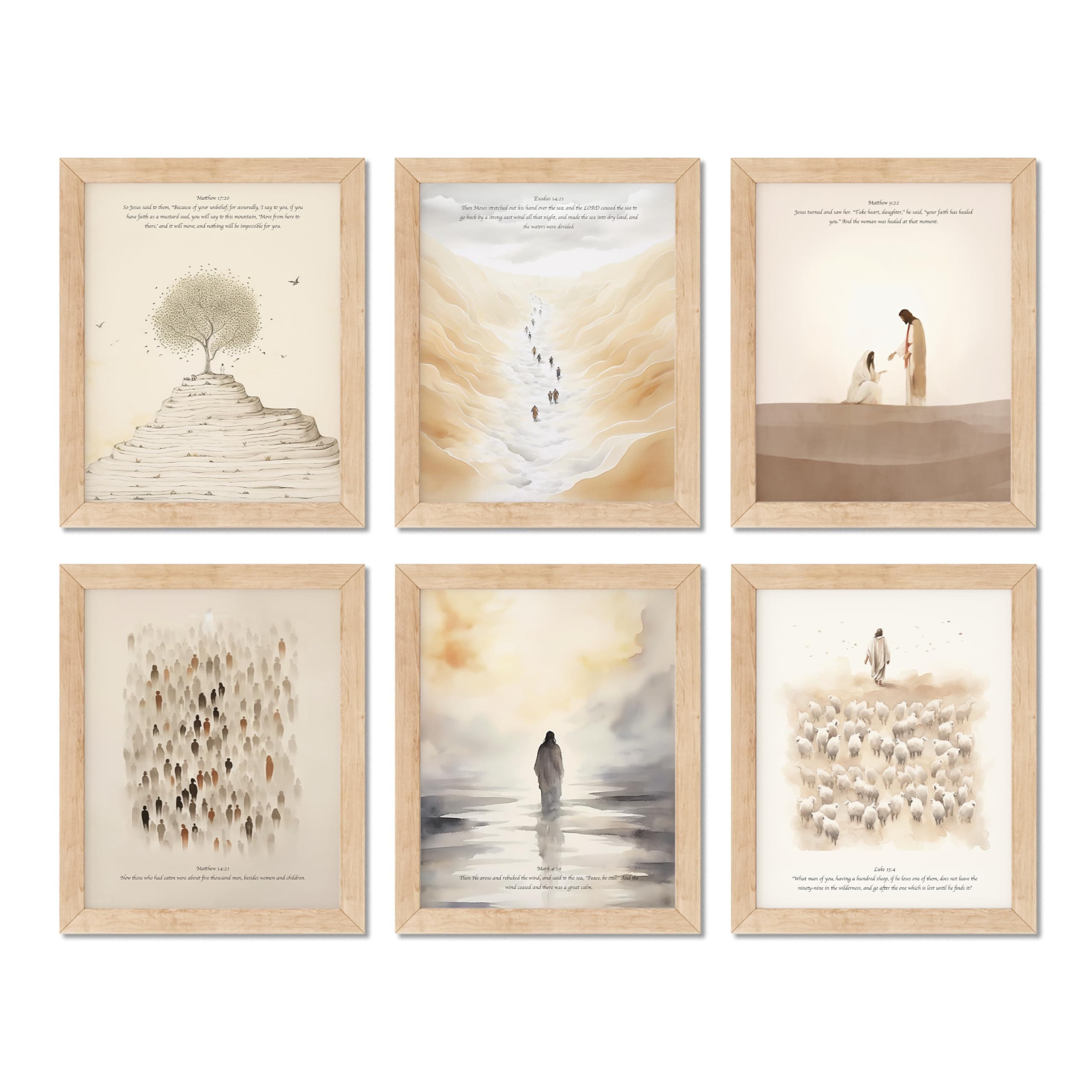 TwoDays Christian Wall Art, Bible Verses Wall Decor, Scripture Classroom Painting, Jesus Poster, Bible Story Artwork for Home. (8" X 10", Set of 6, UNFRAMED)