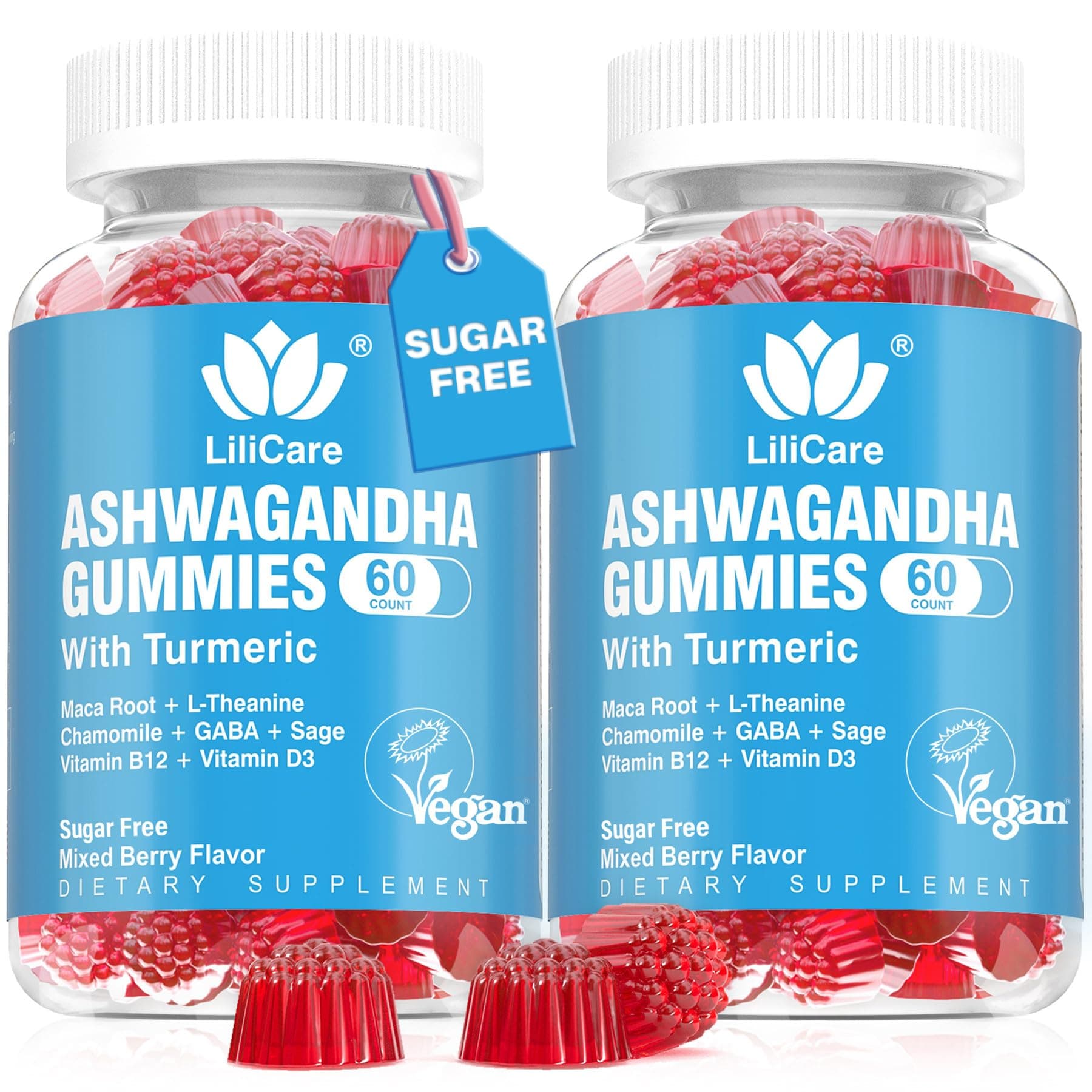 Ashwagandha Gummies 2000mg for Women Men - Sugar Free, Vegan - Organic Ashwagandha Root Extract Supplements Gummy & Vitamin D3, B12 and Turmeric, Promote Relaxation, Mixed Berry Flavor, 120 Count