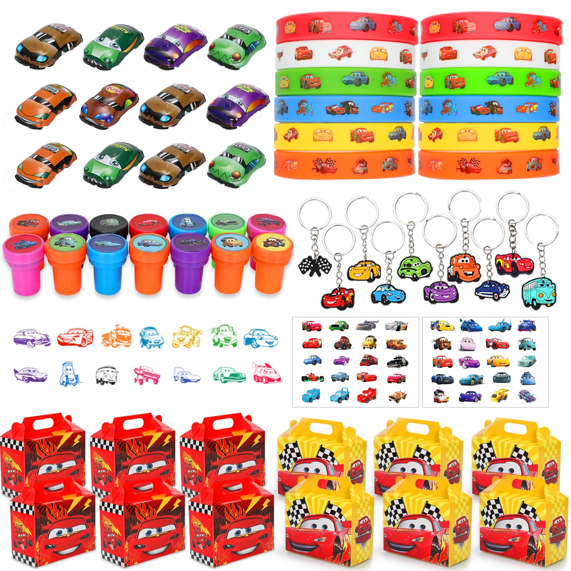 Cars Birthday Party Favors Supplies for Birthday Party Decorations Include 12Pcs Cars, 14Pcs Stampers, 12Pcs Keychains, 12Pcs Gift Boxes, 4Pcs Tattoo Stickers