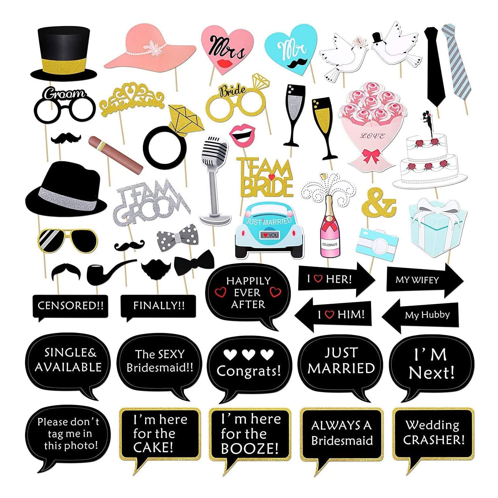 TSHAOUN 52pcs photo booth props Kit，Engagement Photo Booth Accessories with Wooden Sticks ，for Bridal Shower Wedding Favour Party Decorations Favors Supplies (Multicolor)