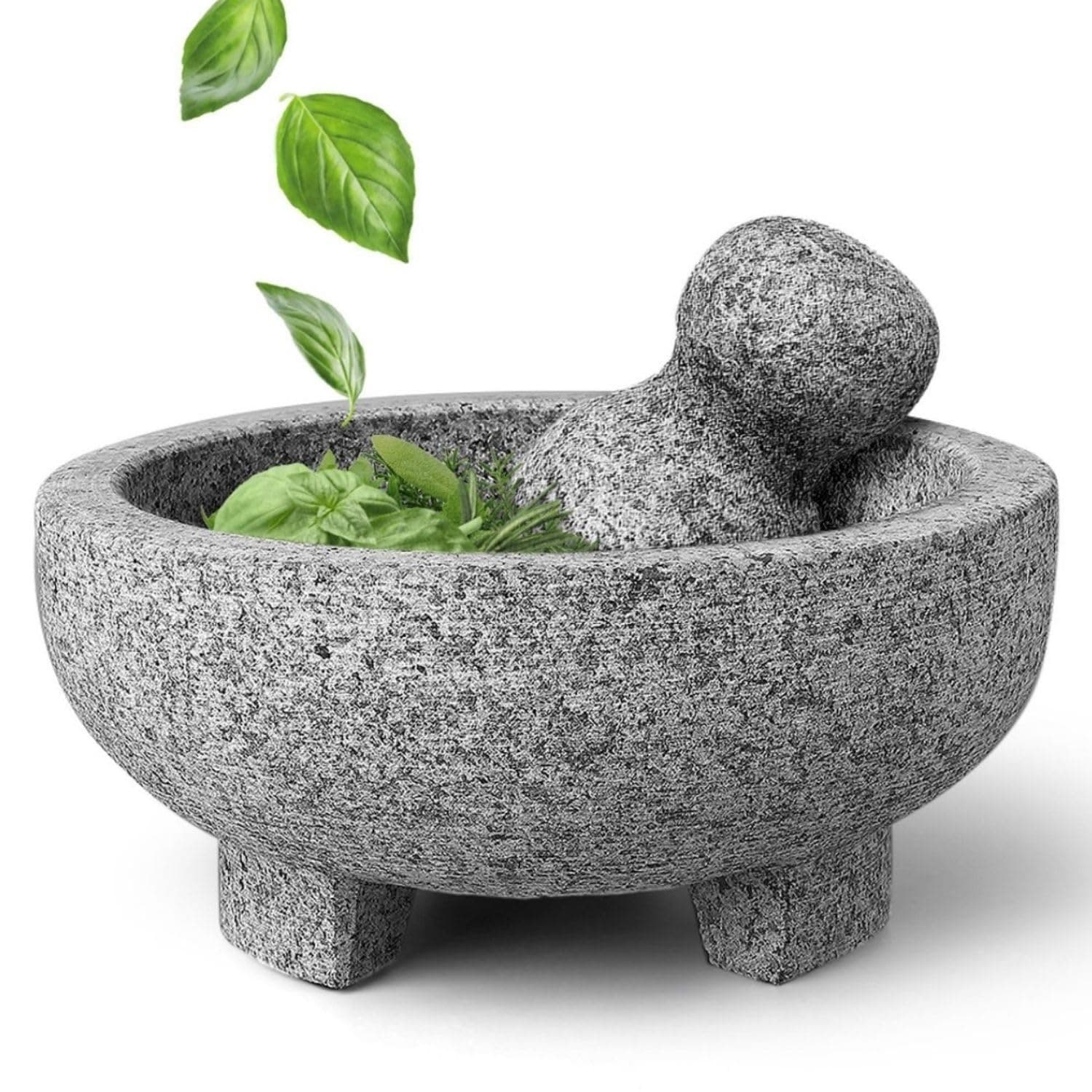 Flexzion Granite Mortar and Pestle Set Small - Solid Granite Stone Grinder Bowl Holder 7.9 Inch for Guacamole, Herbs, Spices, Garlic, Kitchen, Cooking, Medicine
