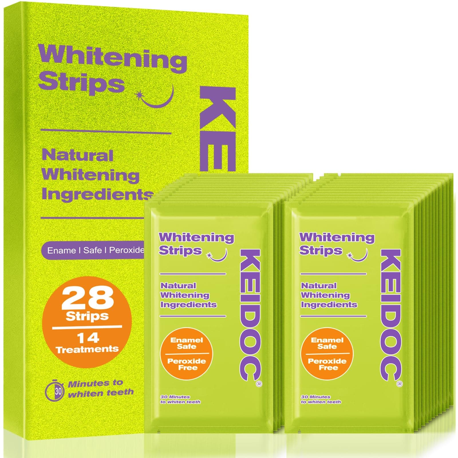 Keidoc Teeth Whitening Strips - 14 Treatments Enamel-Safe Natural Coconut White Strips for Teeth Whitening, Non-Sensitive, Mint, 28 Strips Dry Strip Technology